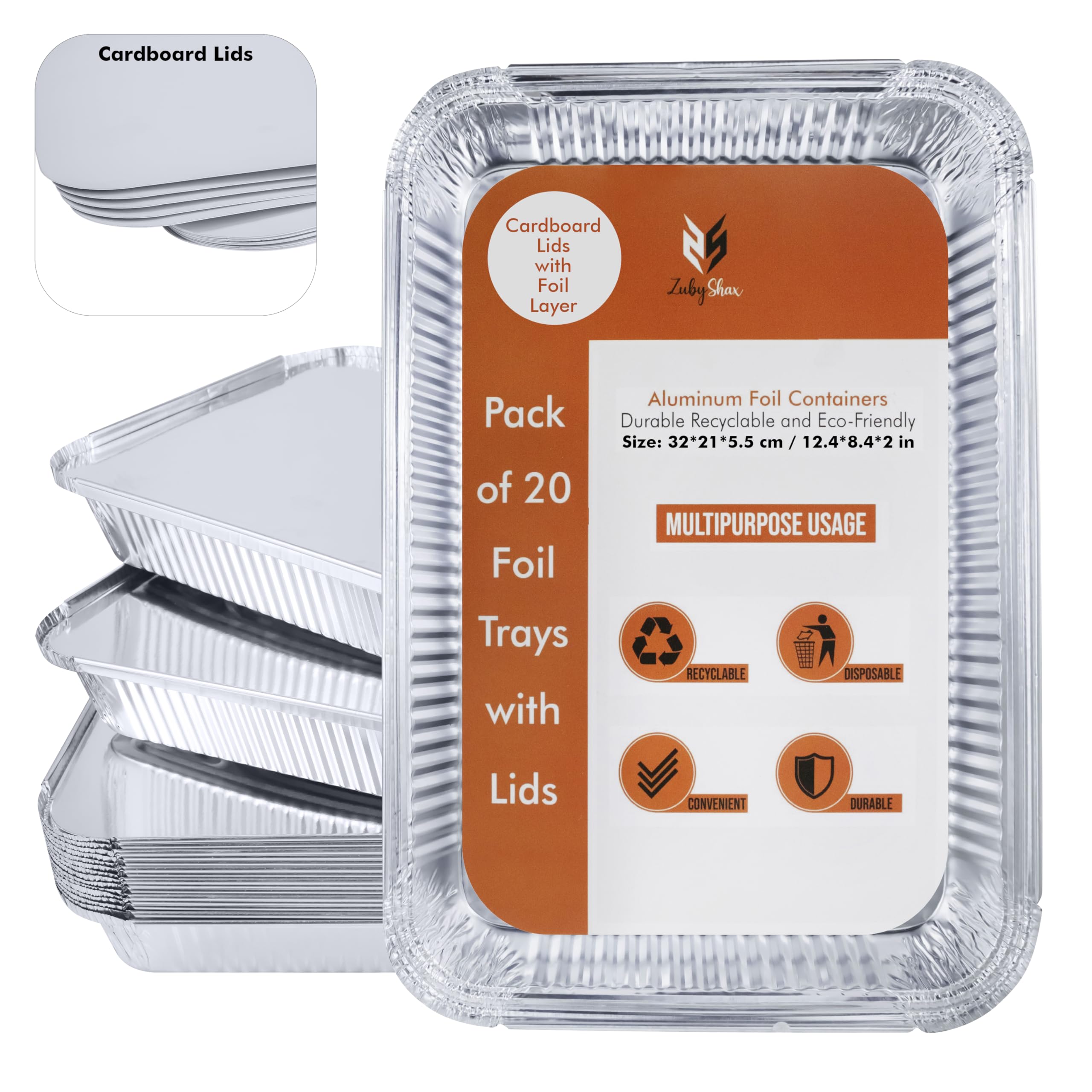 ZubyShax 20 Pack Disposable Aluminum Foil Pans - 32x21x5.5cm (12.6x8.3x2.2in) 2300ml Baking Trays with Lids, Oven Safe Food Storage Containers for BBQ, Roasting, Baking, Meal Prep & Party Serving