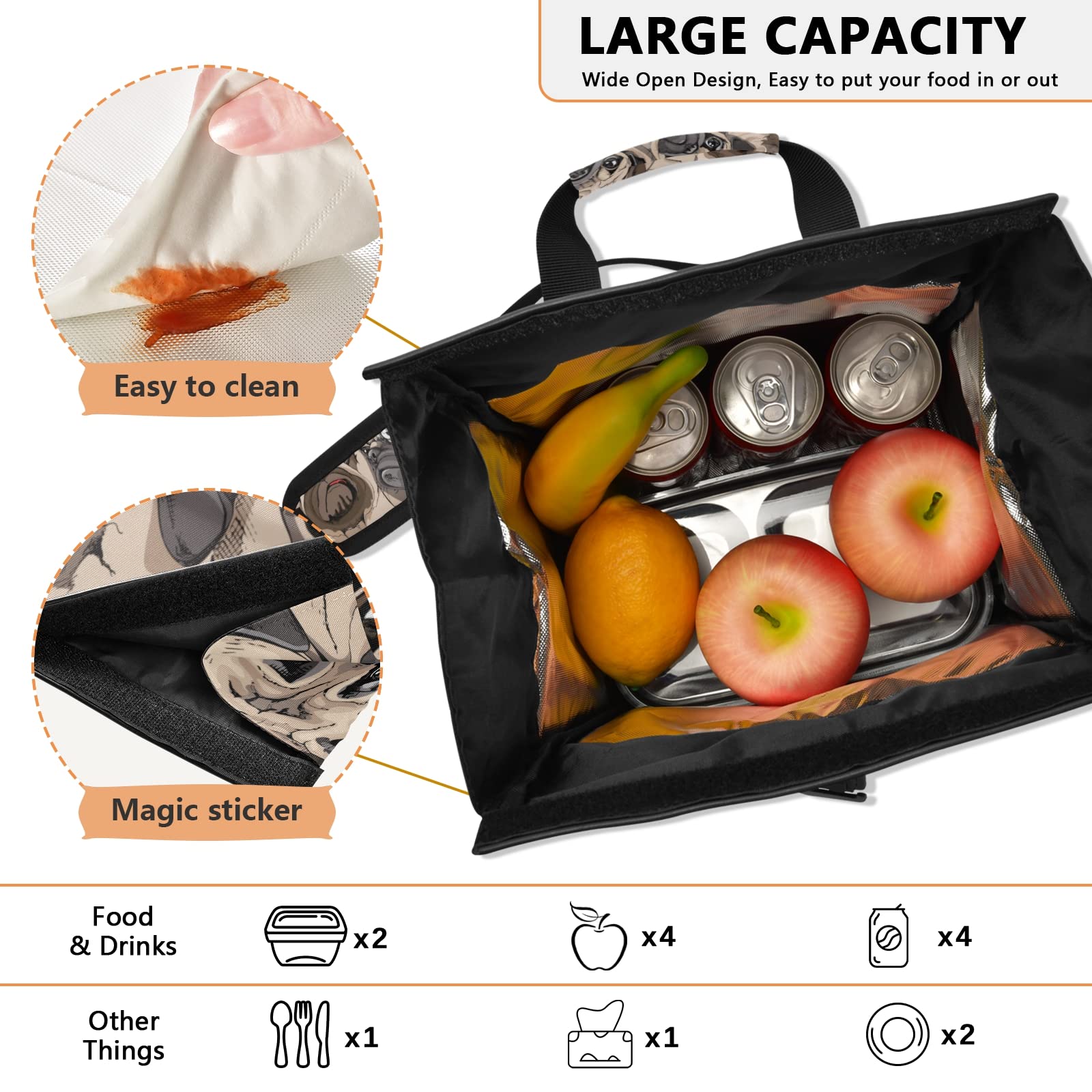 Portrait Pugs Insulated Lunch Bag for Women & Men - Leakproof Foldable Cooler Tote with Adjustable Shoulder Strap - Perfect for Beach, Camping, Hiking, Work & School Lunch Storage
