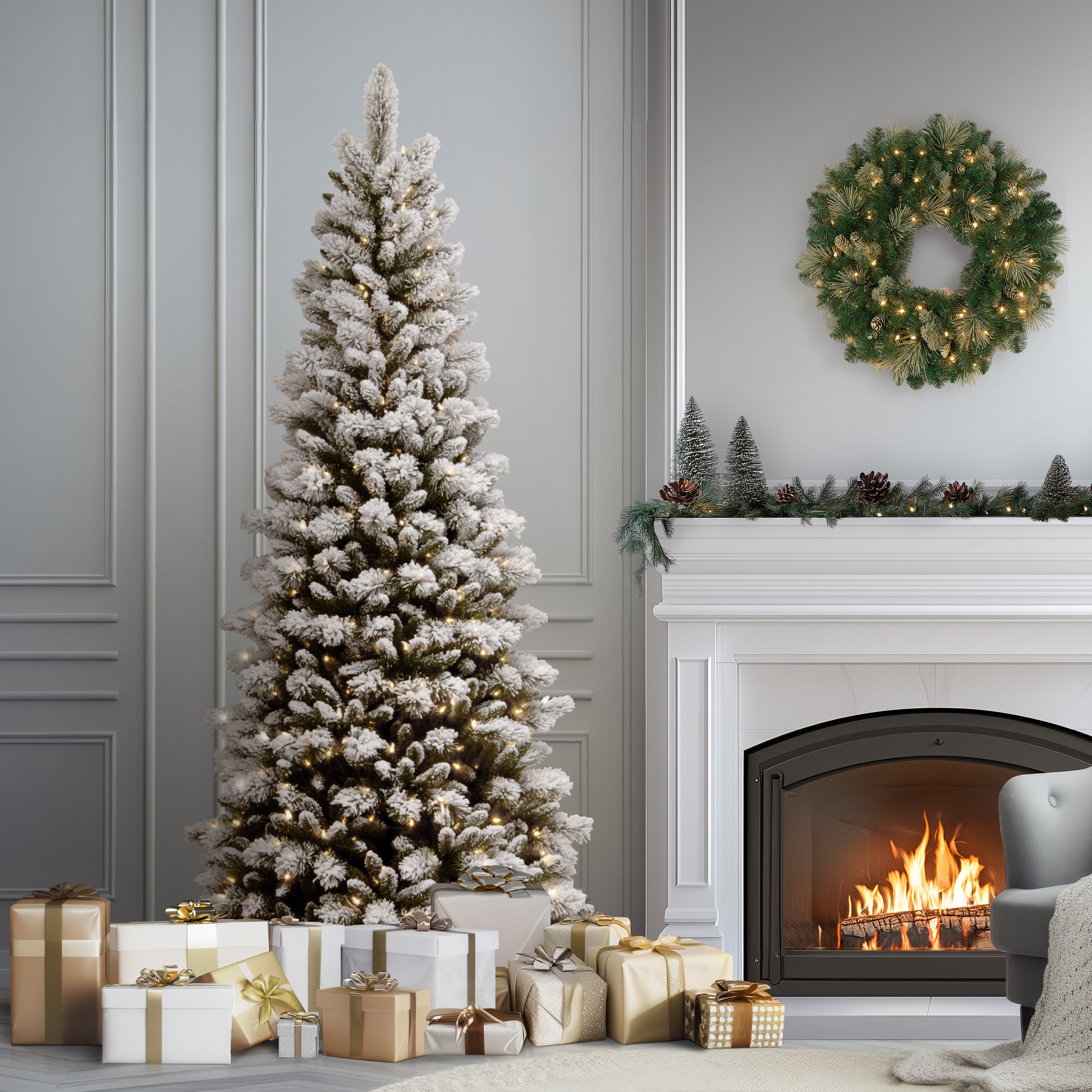 7.5 ft Pre-Lit Snowy Westwood Pine Slim Christmas Tree with Clear Lights - Perfect for Small Spaces & Holiday Decor
