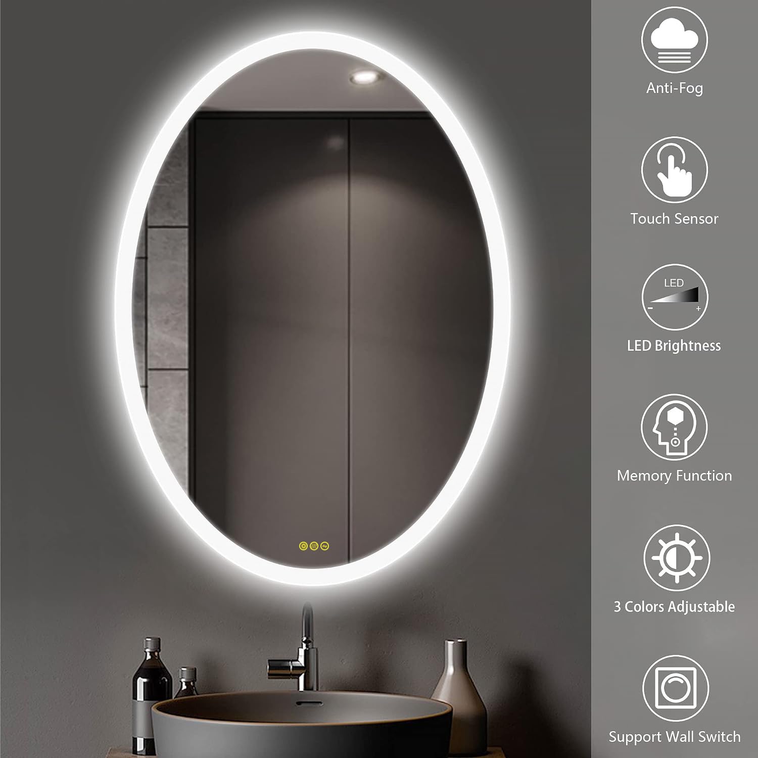 24x32 Inch Oval LED Vanity Mirror with Anti-Fog & Touch Switch - Dimmable 3-Color Lighting for Bathroom, Bedroom, Makeup & Dressing Room - Wall Mounted Bathroom Mirror with Lights