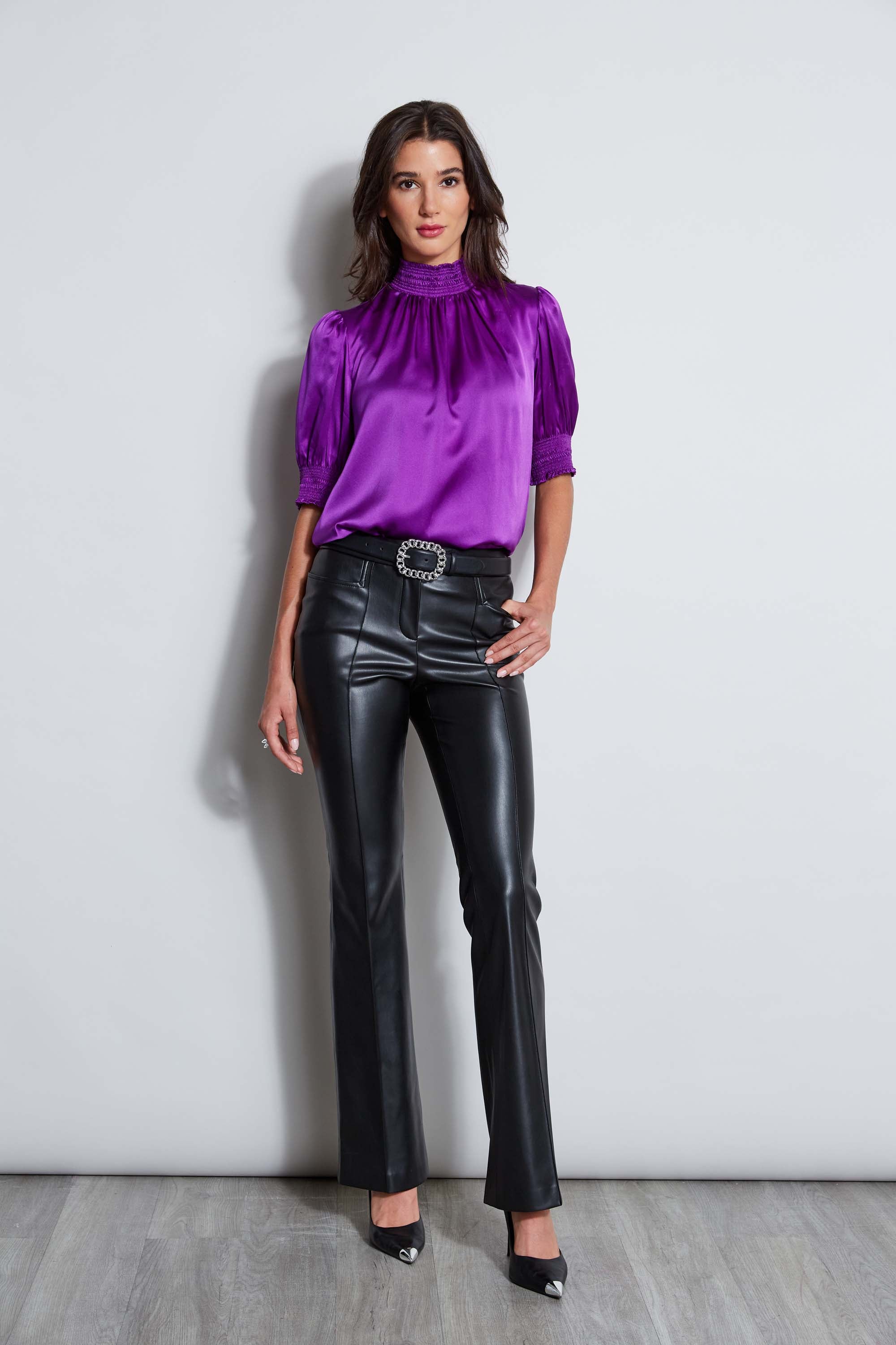 Elegant Short Sleeve Silk Satin Smocked Blouse for Women - Perfect for Office Wear, Date Nights & Summer Outfits