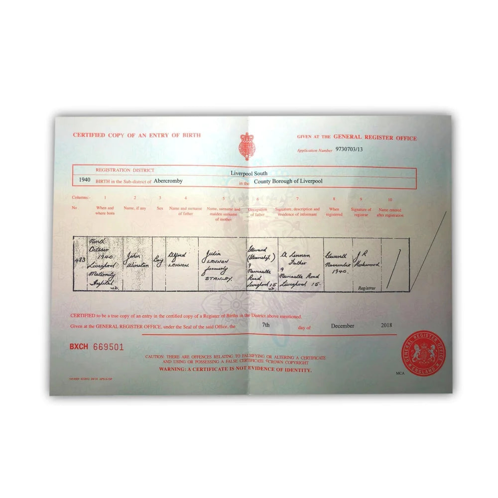 John Lennon Authentic Certified UK Birth Certificate Copy - Beatles Memorabilia for Collectors & Fans - Perfect for Displays, Gifts & Beatles History Enthusiasts