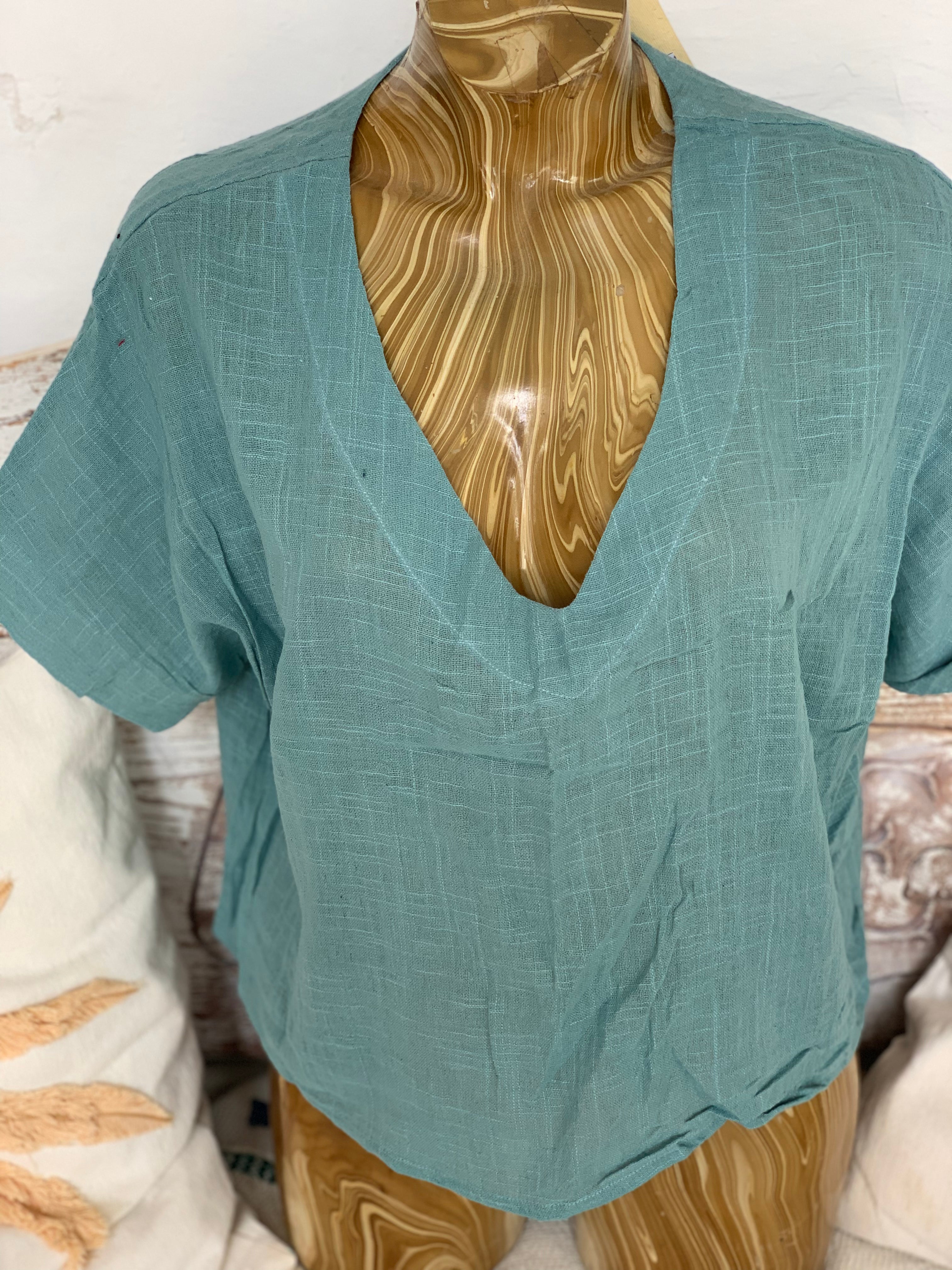 Emerald Green Linen V-Neck Blouse for Women - Breathable & Stylish Summer Top for Casual Outings & Office Wear