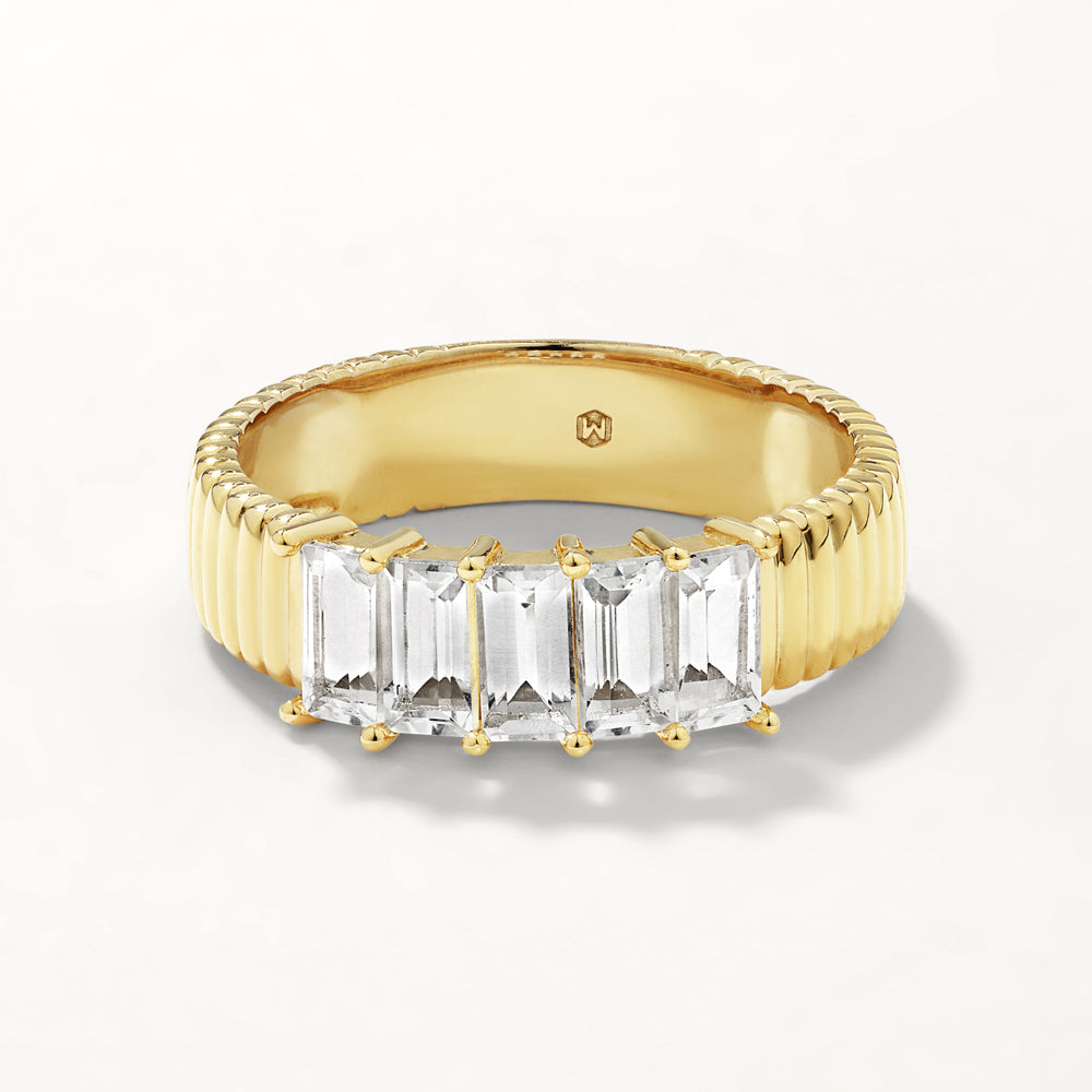 14K Gold White Topaz Baguette Textured Ring for Women - Elegant Stackable Jewelry for Everyday Wear & Special Occasions