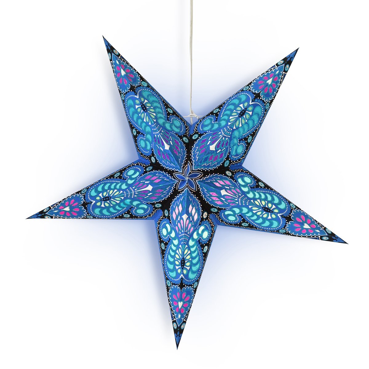 24 Blue Peacock Glitter Paper Star Lanterns - Hanging Wedding & Party Decorations for Indoor/Outdoor Events, Baby Showers, Christmas & Home Decor