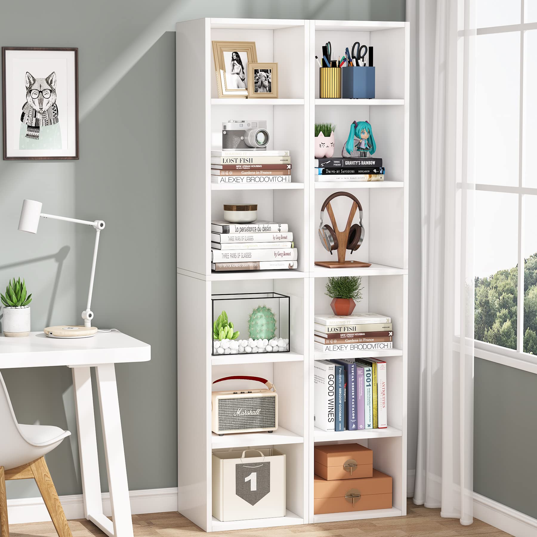 Tribesigns 70.9 Inch Tall Narrow Bookcase Set of 2, Modern White Corner Book Shelf with Storage, 6 Tier Cube Display Shelves for Home Office, Living Room & Bedroom - Space Saving Bookshelf for Small Spaces