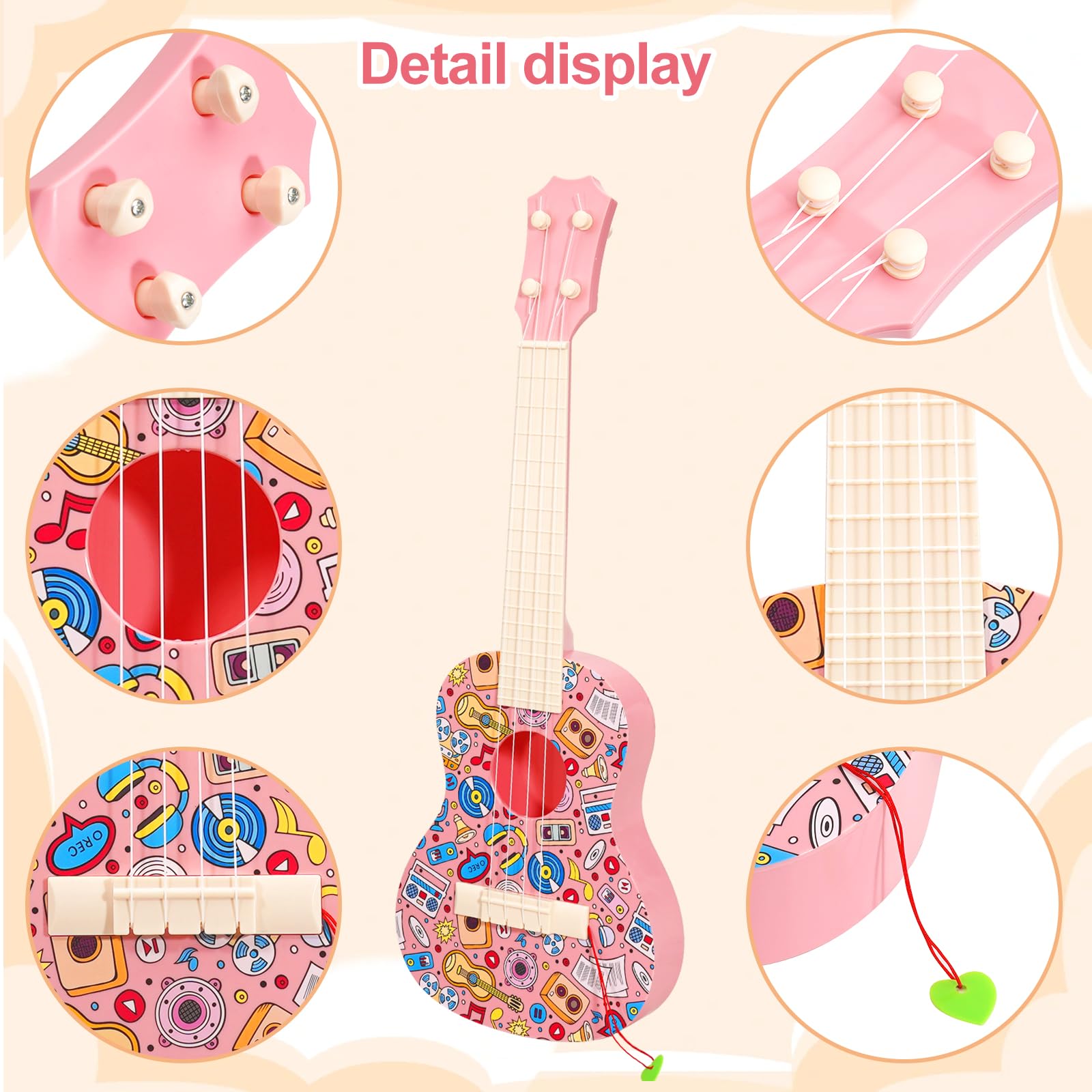 LeeQee 21-Inch Colorful Graffiti Ukulele Guitar for Kids - 4-String Beginner Musical Instrument with Picks, Perfect Learning Toy for Boys & Girls Ages 3-12 (Pink) | Great for Birthday Gifts, Music Lessons & Family Fun