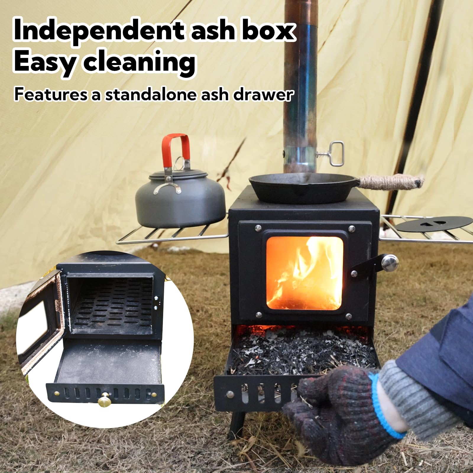 Portable Folding Wood Burning Camping Stove with Chimney Pipe & Spark Arrestor - Lightweight Outdoor Cooking Stove for Backpacking, Hiking, Emergency Survival & Tent Heating