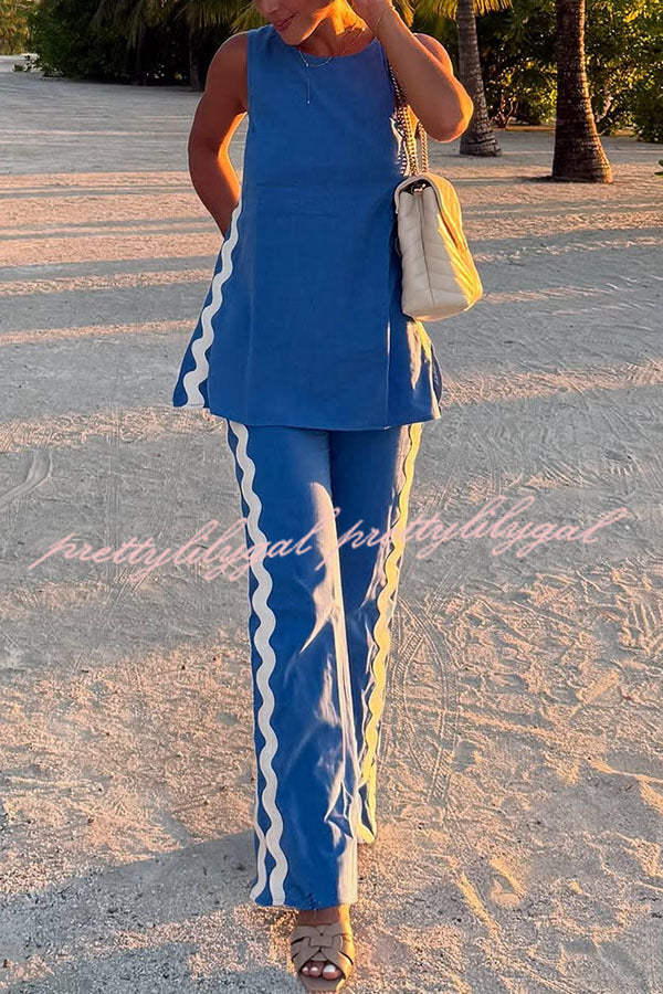 Tash Linen Blend Ric Rac Wave Trim Tank Top & Elastic Waist Pocket Flare Pants Set | Women's Casual Summer Outfit for Beach, Vacation & Boho Style