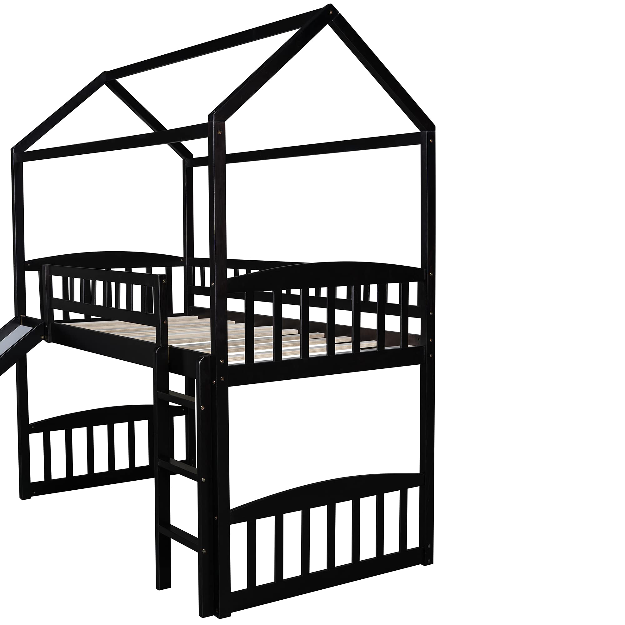 Space-Saving Twin Loft Bed with Slide & Safety Guardrails - Wooden House Bed with Roof & Ladder for Kids, Teens, Boys & Girls (Espresso-5) | Perfect for Small Bedrooms, Playrooms & Dorm Rooms