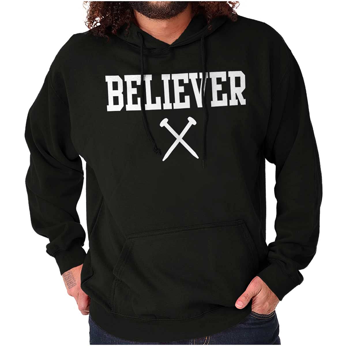 Classic Teaze Believer Nails Cross Christian Hoodie Sweatshirt for Women & Men - Religious Apparel for Church, Bible Study & Everyday Faith Wear