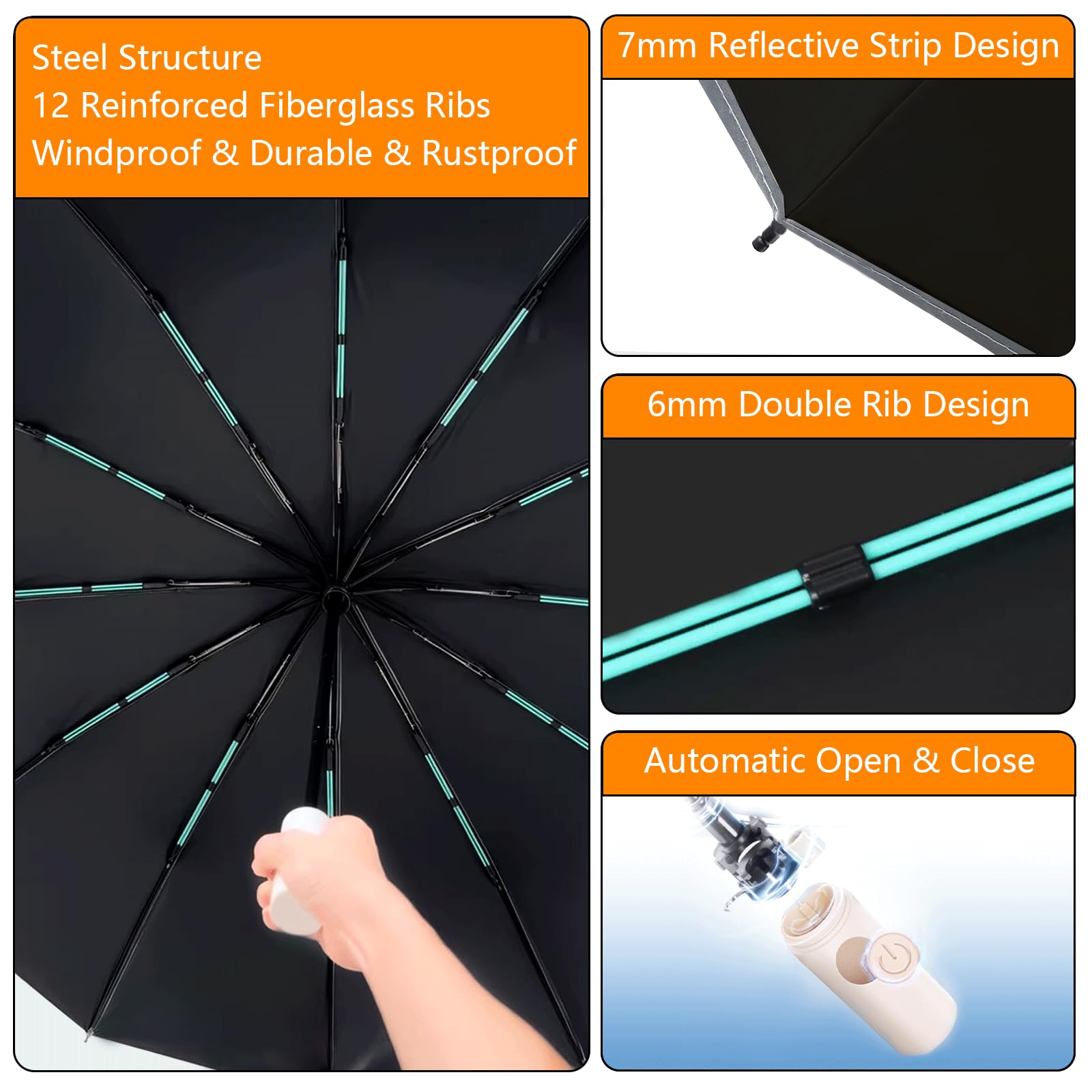 Large Double-Ribs Windproof Umbrella with Reflective Strips - Automatic Reverse Folding Compact Travel Umbrella for Rain & Sun Protection - Perfect for Commuting, Walking Dogs & Outdoor Activities