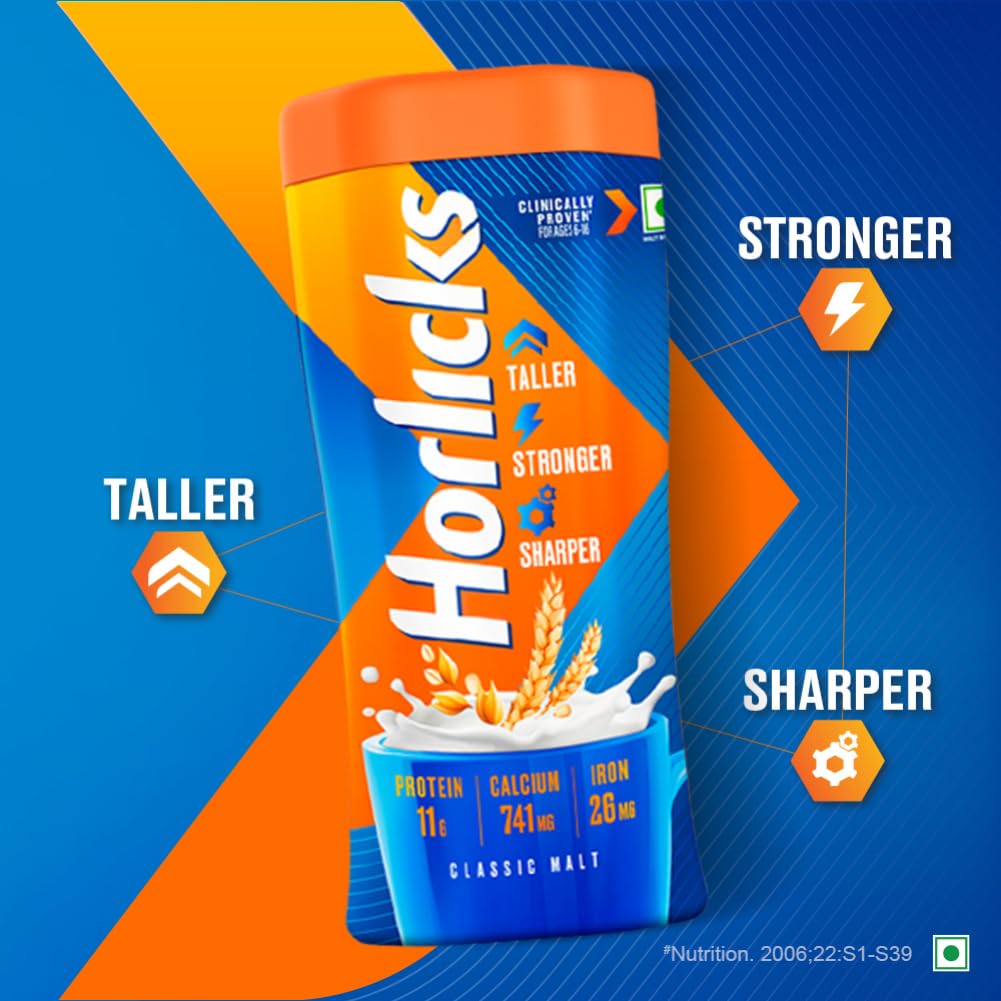 Horlicks Classic Malt Nutrition Drink Powder - 500g Jar for Kids | Clinically Proven to Support Growth, Strength & Brain Development | Perfect for Breakfast, Snacks & Bedtime