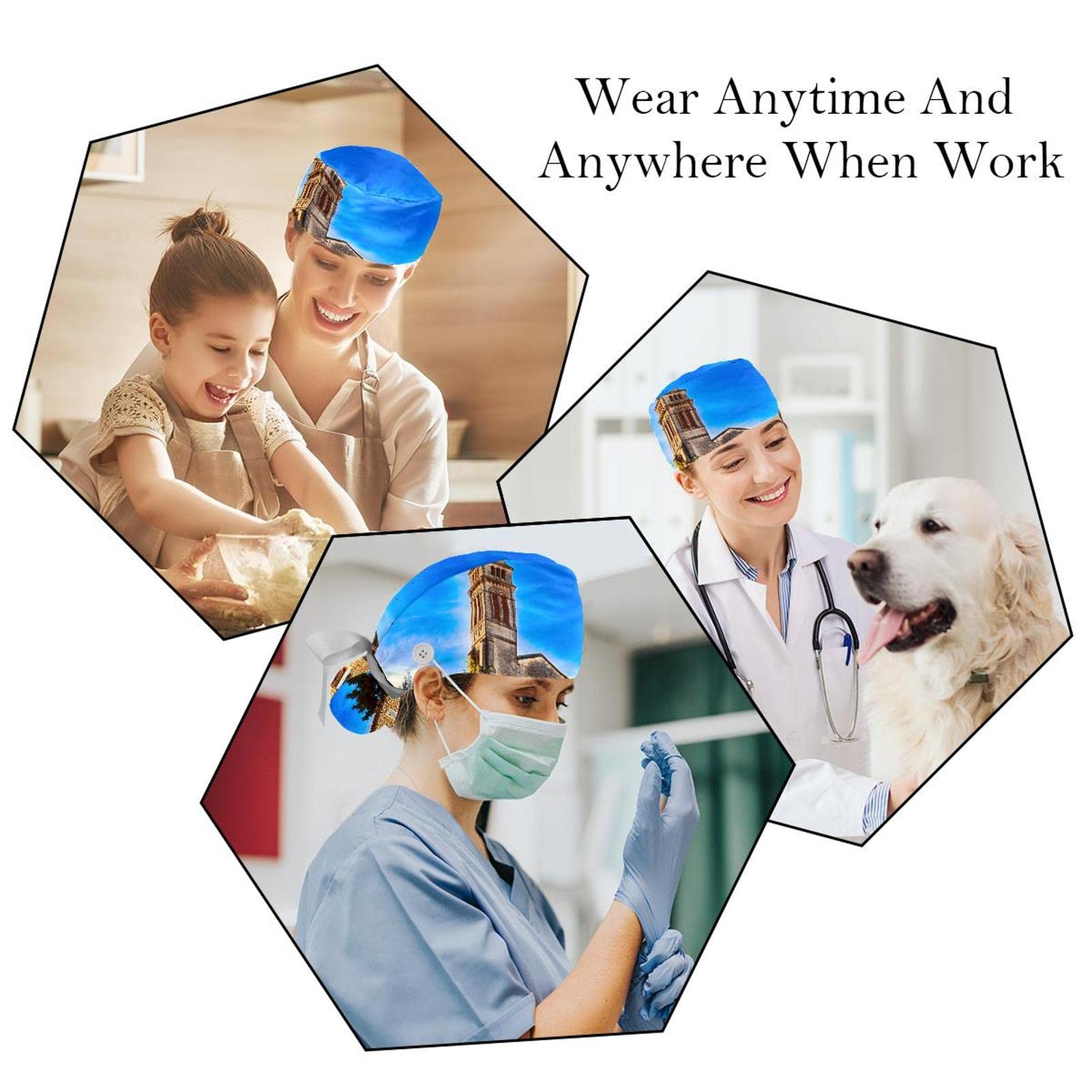 Women's Church Scrub Hats for Long Hair - 2 Pack Unisex Tie Back Working Caps with Button & Sweatband | Perfect for Nurses, Surgeons & Healthcare Professionals