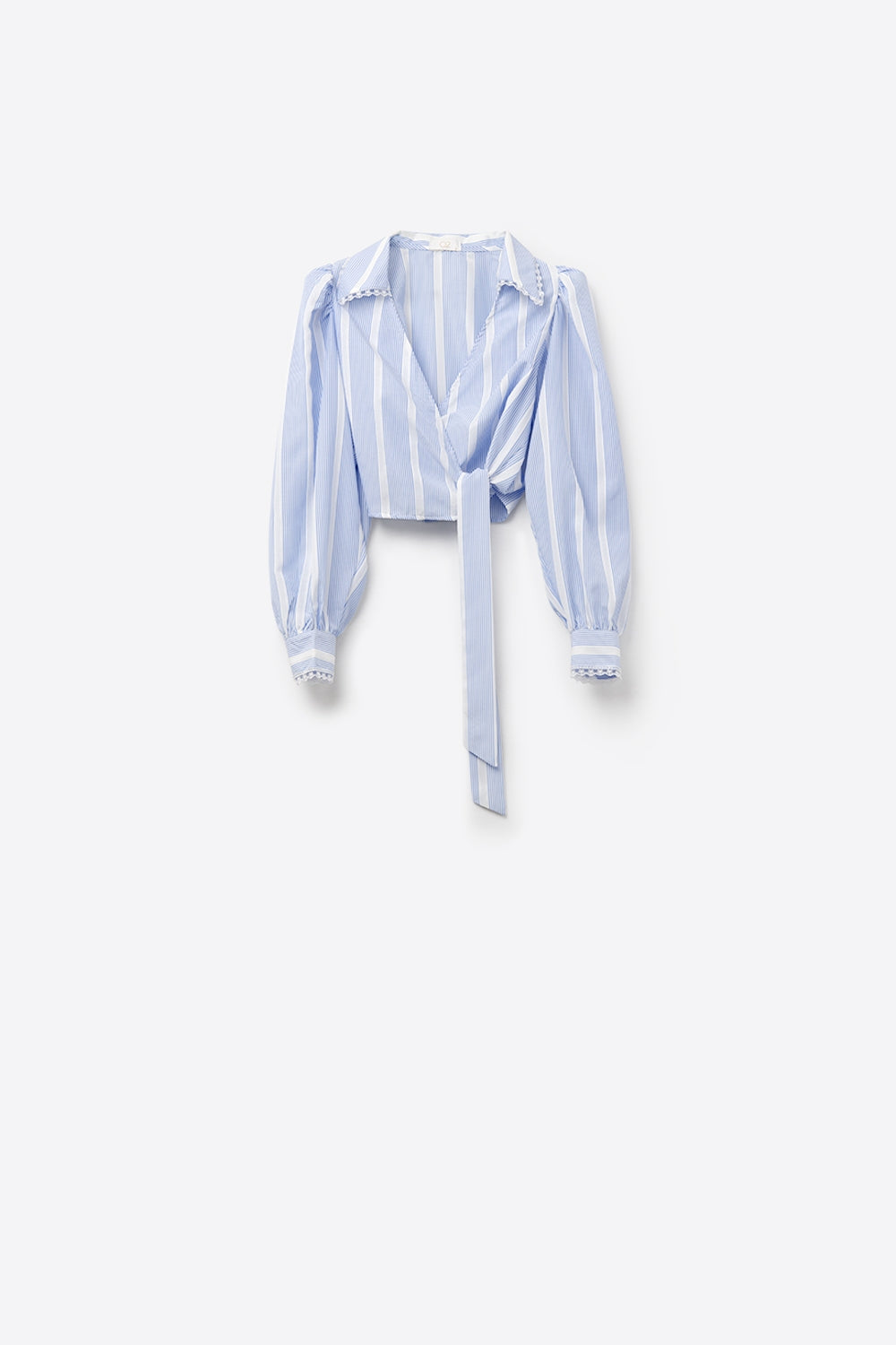 Blue and White Striped Wrap Shirt with Lace Details - Elegant Casual Blouse for Women | Perfect for Office, Date Night & Summer Outfits