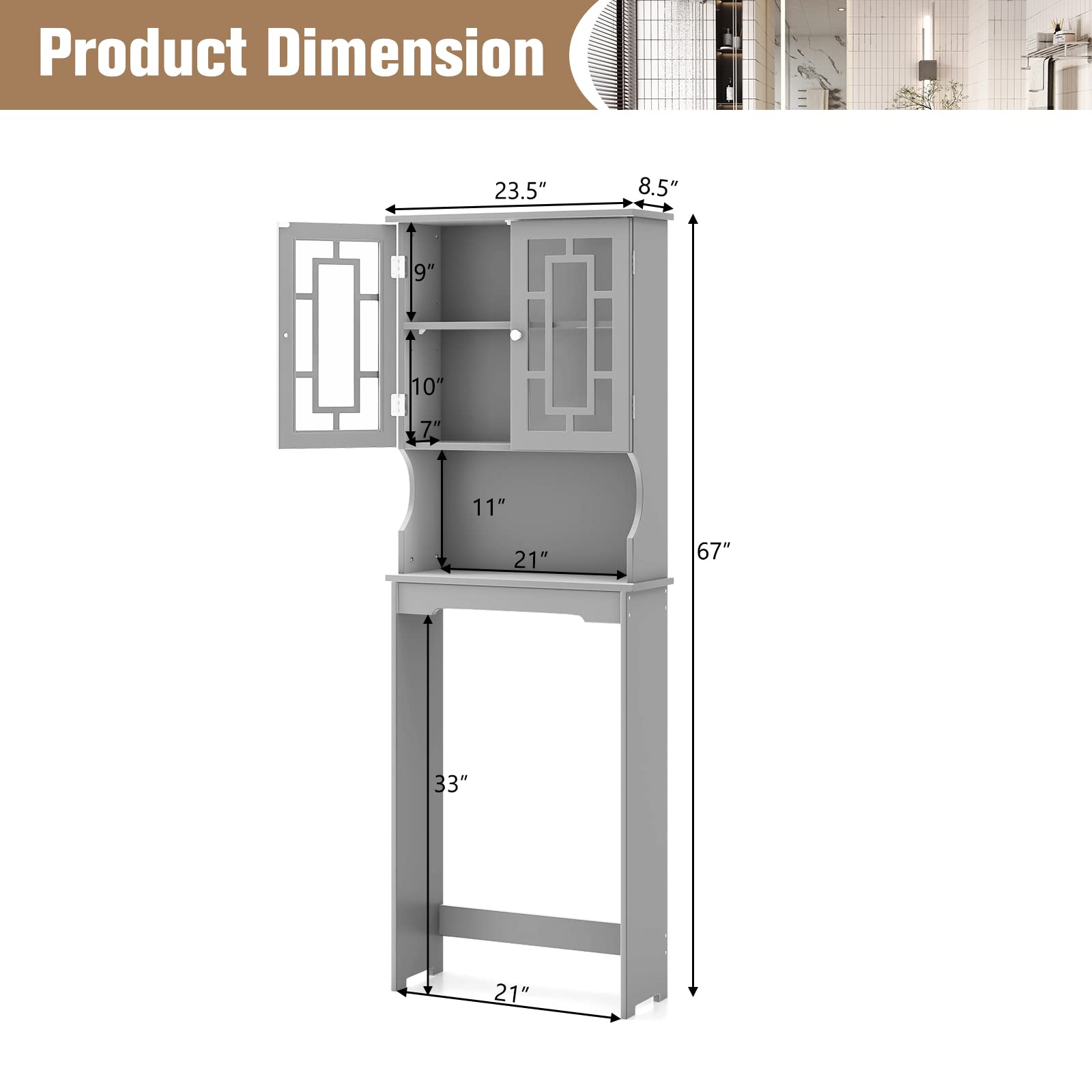 Giantex Over-The-Toilet Storage Organizer with Cabinet & Shelf - Space Saving Bathroom Storage Rack for Towels, Toiletries & Cleaning Supplies - Above Toilet Standing Shelf (Gray) - Perfect for Small Bathrooms & Apartment Living