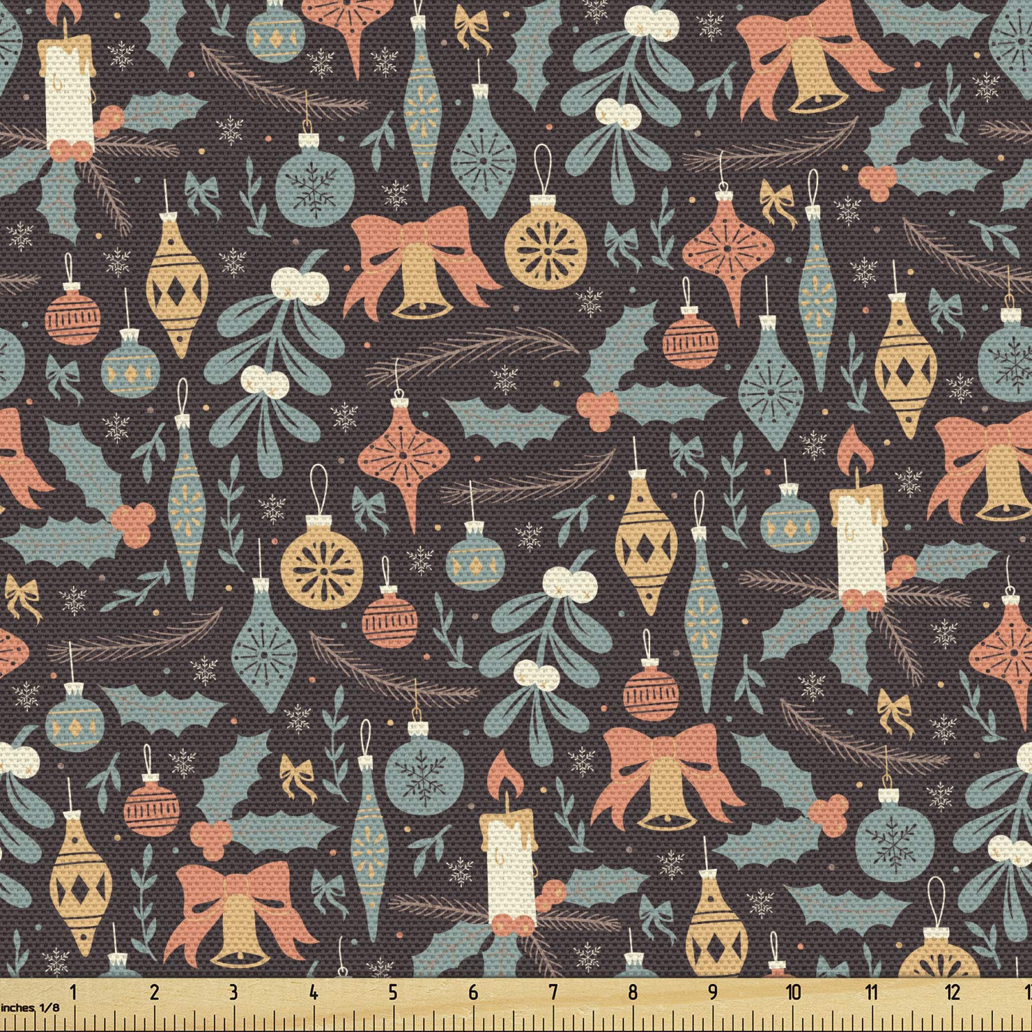 Ambesonne Christmas Fabric by The Yard - Xmas Ornaments & Candles Continuous Pattern Upholstery Fabric, 10 Yards Dark Mauve Multicolor Holiday Decor for DIY Projects, Table Runners, Tree Skirts & Home Decor