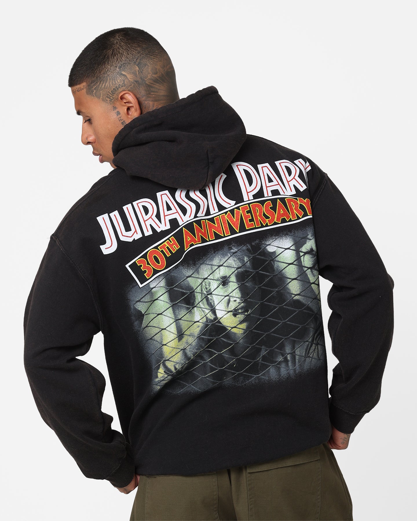 American Thrift Jurassic Park 30th Anniversary Vintage Hoodie - Black Distressed Wash - Perfect for Movie Nights & Retro Fashion Lovers