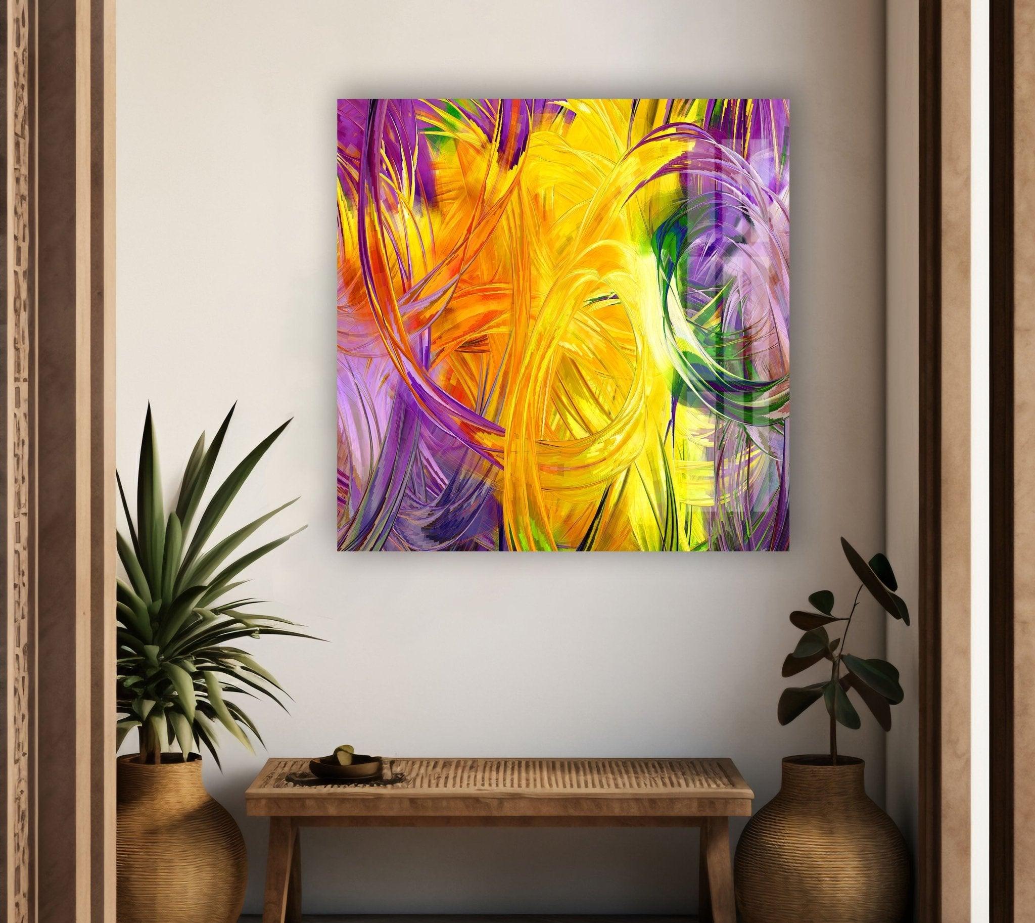 Abstract Art Yellow Fractal Glass Wall Decor - Modern Geometric Artwork for Living Room, Bedroom & Office Decor
