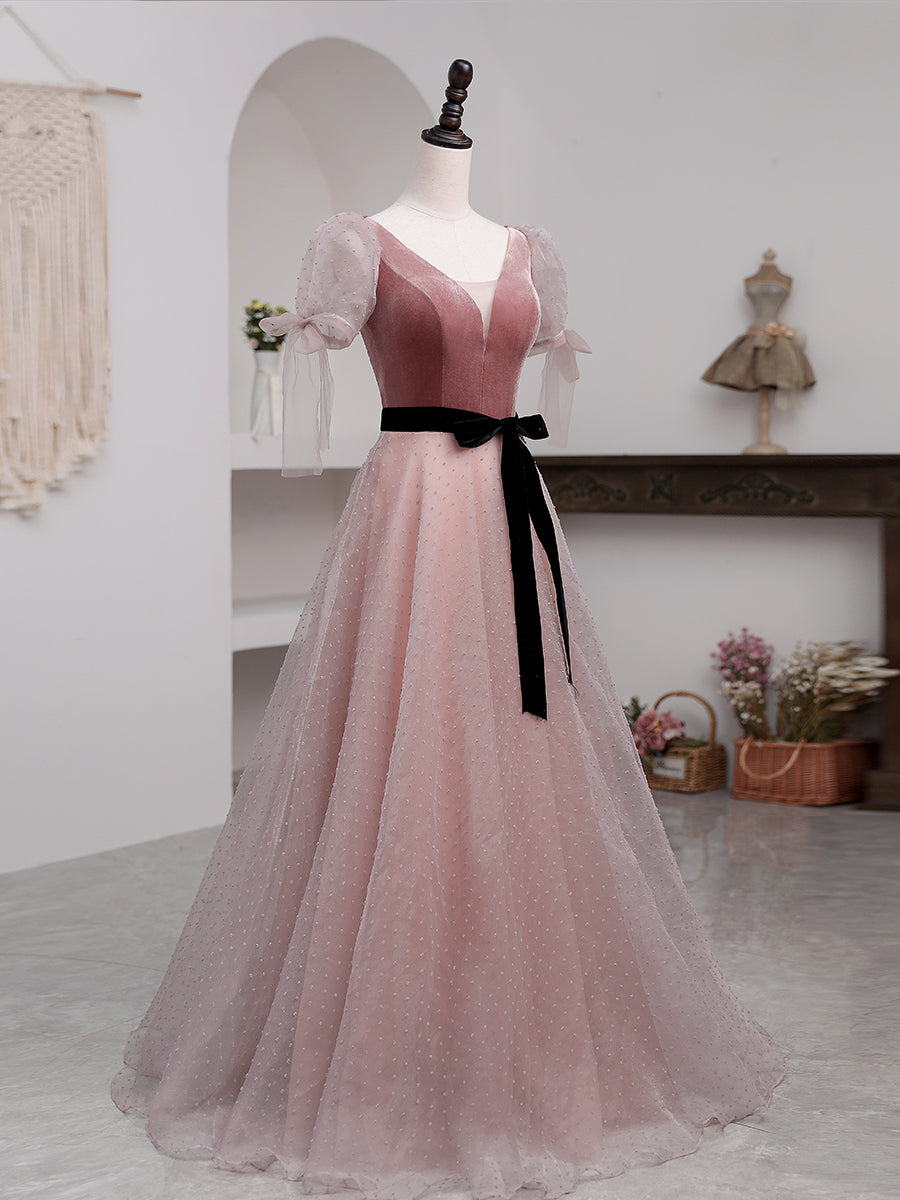 Elegant A-Line Pink Tulle Velvet Long Prom Dress for Women - Formal Evening Gown for Homecoming, Quinceañera & Special Occasions