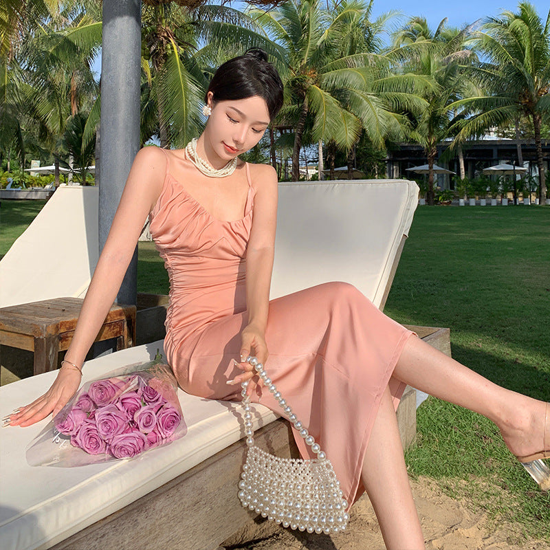 Elegant French Satin Pink Spaghetti Strap Maxi Dress for Women - Beach Vacation, Summer Party & Evening Wear