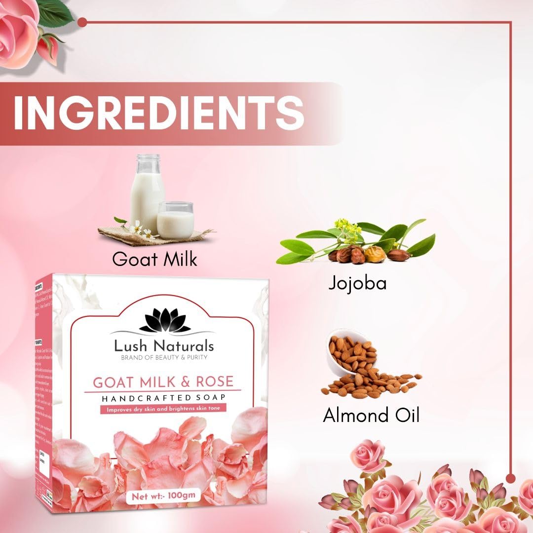 Lush Naturals Goat Milk & Rose Soap (Pack of 3) - Moisturizing & Fragrant Handmade Soap for Dry Skin, Sensitive Skin Care - Perfect for Bath, Shower & Gift Giving