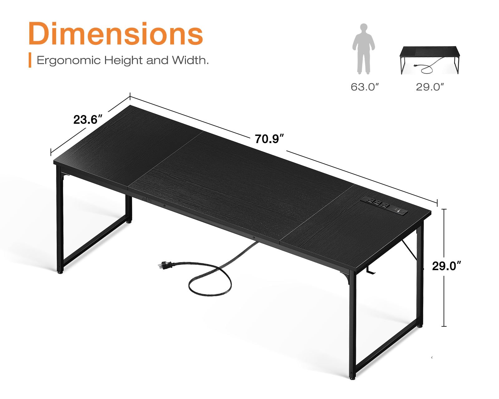 Coleshome 71 Inch Large Computer Desk with USB Ports - Sturdy Office Desk & Study Table for Home, Gaming, Workstation | Black Modern Writing Desk for Students & Professionals