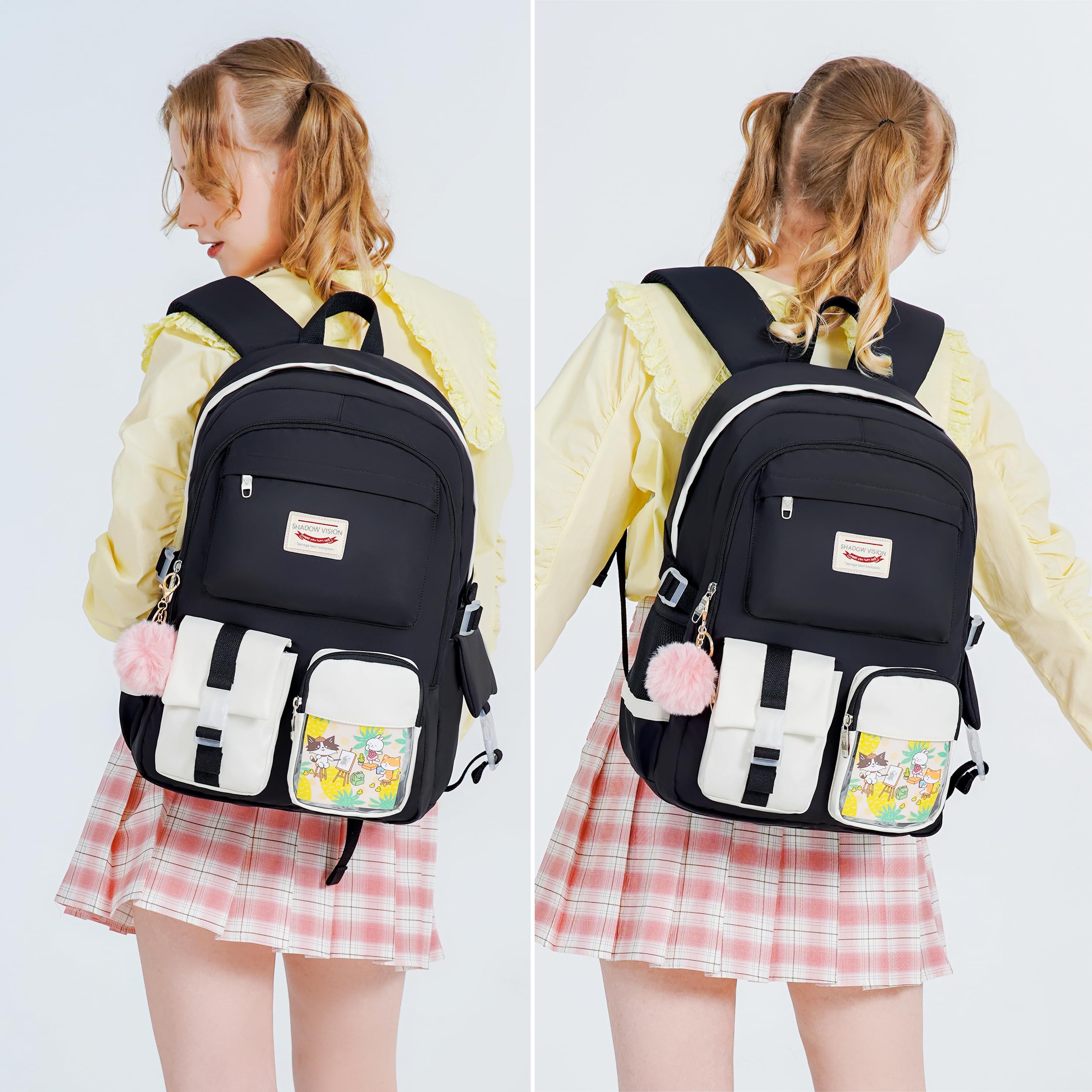 **Shadow Vision Cute School Backpack for Girls & Teens - Lightweight Bookbag for Middle & High School, College, Travel & Daily Use (Black)**