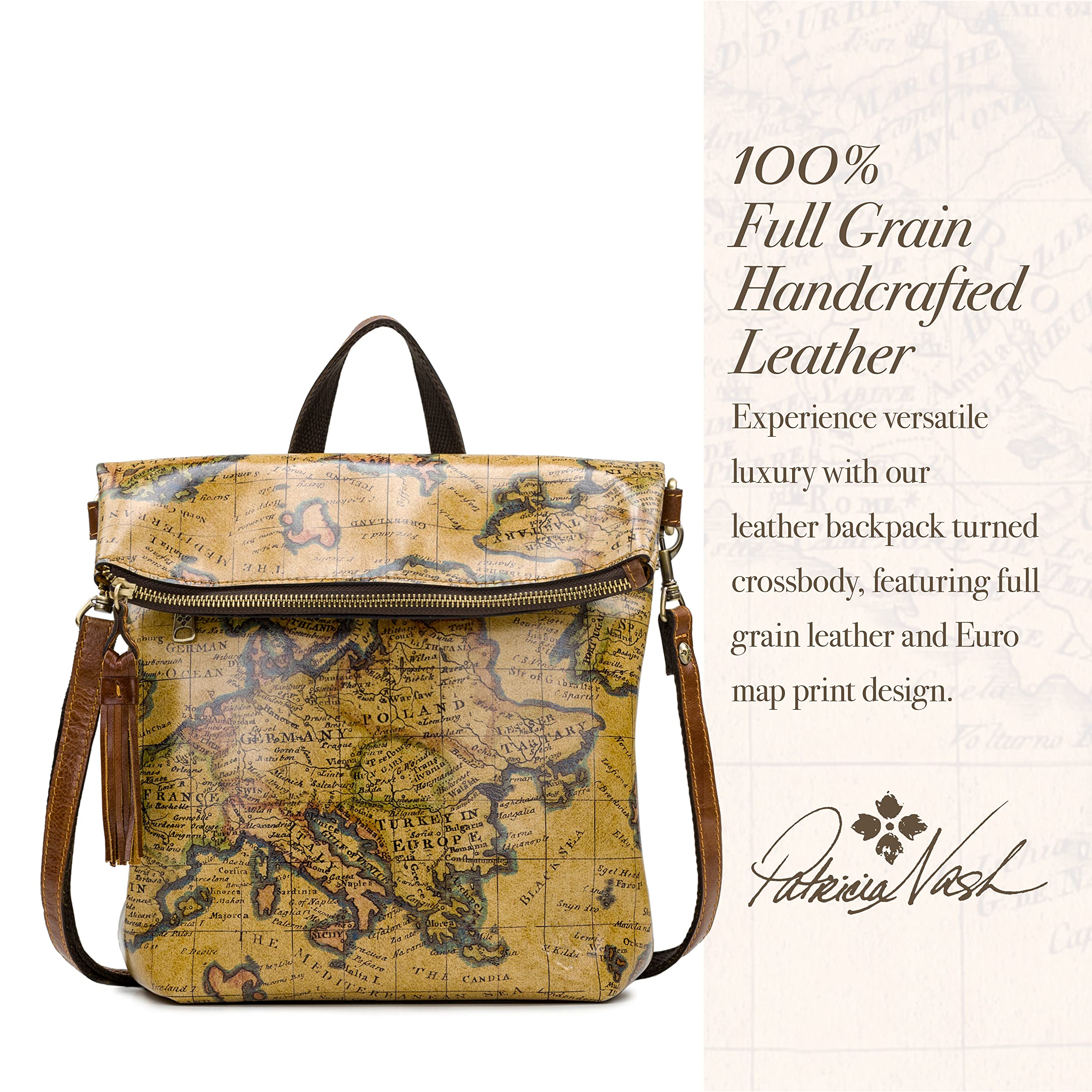 Patricia Nash Luzille 100% Full Grain Leather Backpack for Women - Convertible Backpack Tote - Genuine Leather Backpack Purse/Crossbody Bag with Euro Map Design - Perfect for Travel, Work & Everyday Use
