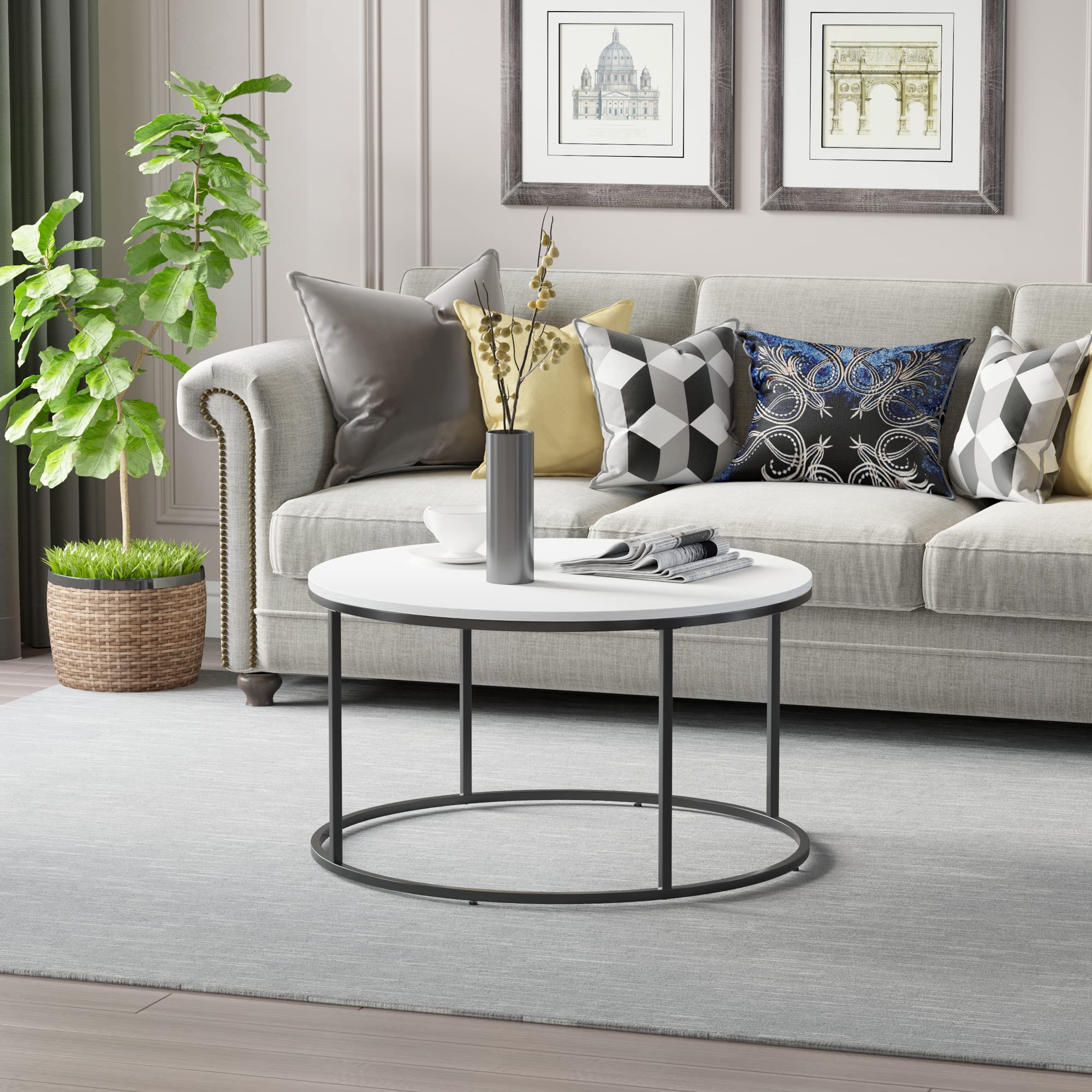 Modern Round Coffee Table 32 Inch - Black Metal Frame & White Top - Living Room Center Table for Home Decor, Coffee & Conversations