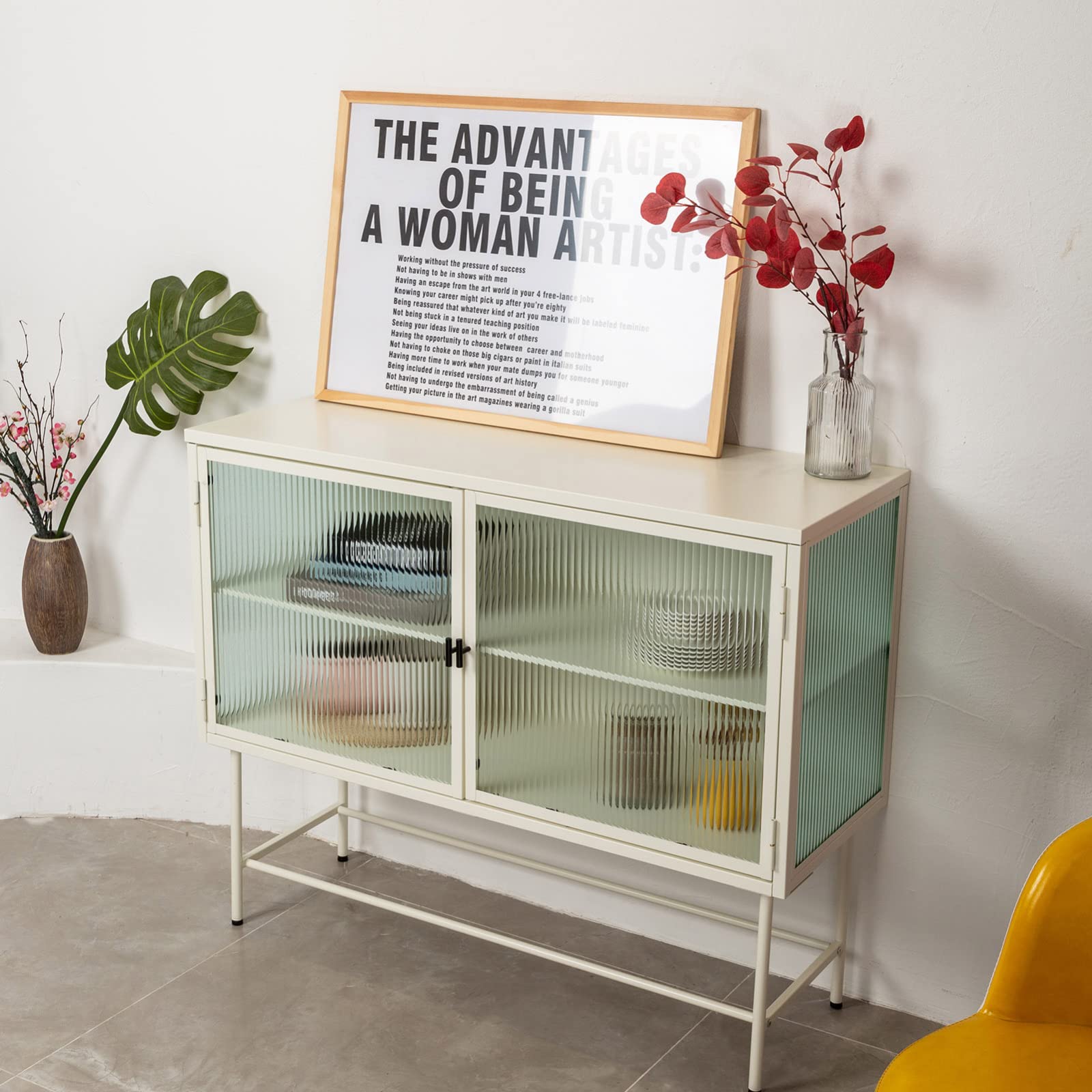Modern Sideboard Buffet Cabinet with Fluted Glass & Metal Frame - Retro Entryway Storage Console Table with Detachable Shelves & Enclosed Dust-Free Storage - Perfect for Kitchen, Dining Room, Bar or Living Room Organization