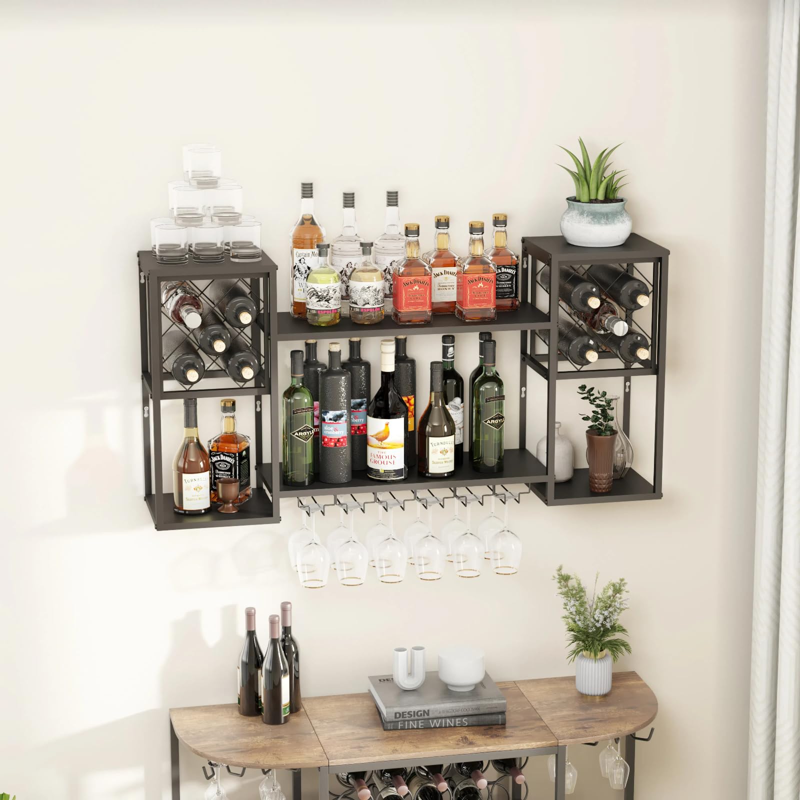 Wall Mounted Wine Rack with Glass Holder - 2 Tier Metal Floating Bar Shelf for Liquor Storage | Multi Functional Wine Display Rack for Home Bar, Dining Room & Kitchen | Perfect for Small Spaces & Entertaining Guests