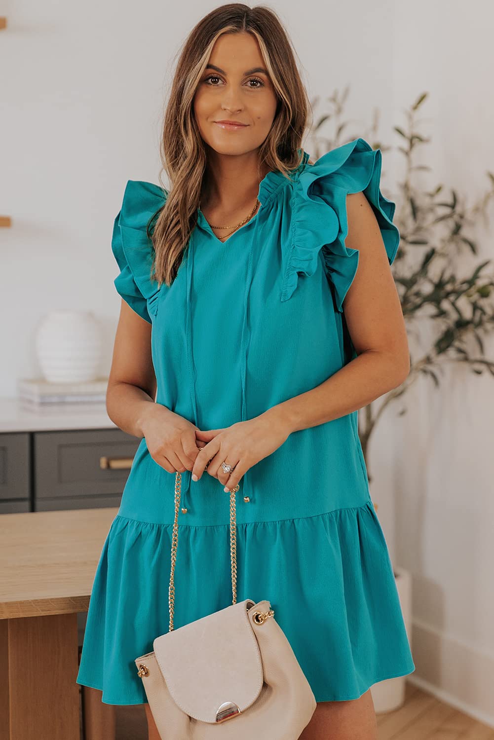 Dokotoo Women's Summer Dresses 2025 - V-Neck Ruffle Cap Sleeve Mini Sundress with Drawstring Waist & Side Pockets | Beachwear, Vacation Outfits, Casual Day Dress