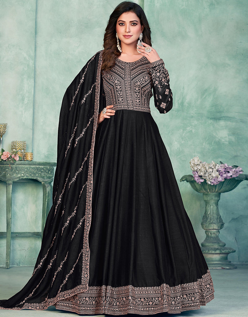 Elegant Black Art Silk Anarkali Pant Suit for Women - Perfect for Weddings, Parties & Festive Occasions