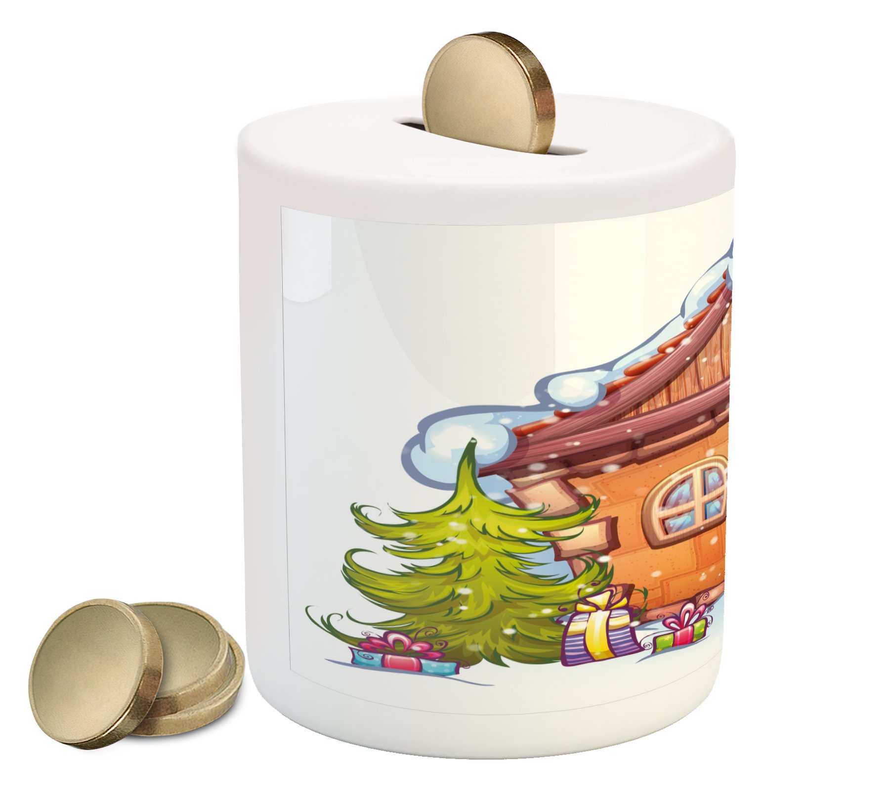 Ambesonne Christmas Piggy Bank - Cartoon Style Ceramic Coin Bank with Snowy Roof, Snowman & Fir Tree Design for Cash Saving (Caramel Green & White) | Perfect Holiday Gift for Kids & Christmas Decor