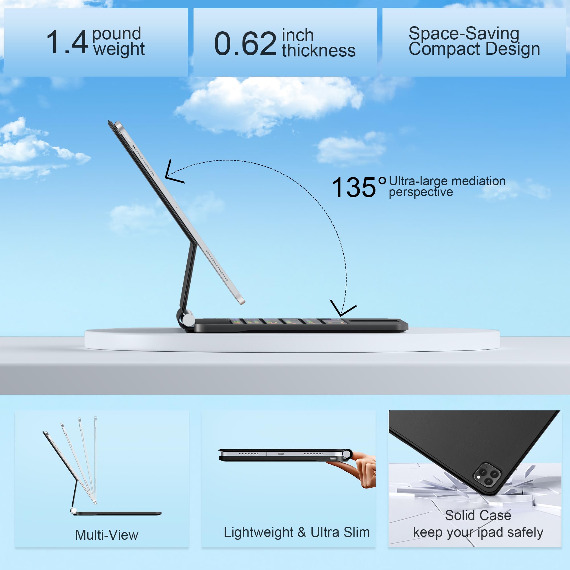 Magnetic Backlit Keyboard Case for iPad Air 13 inch & iPad Pro 12.9 inch (3rd/4th/5th/6th Gen) with Multi-Touch Trackpad - Floating Cantilever Stand, Easy Setup | Perfect for Work, Study & Travel (Black)