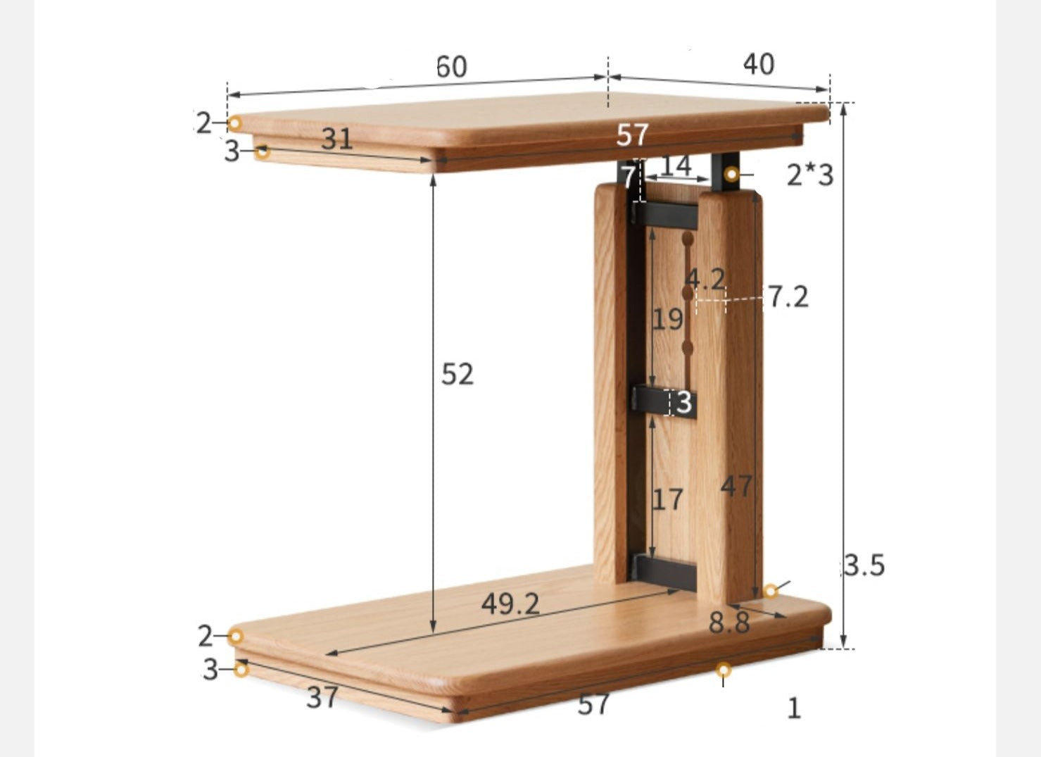 Solid Oak Wood Liftable Foldable Side Table - Adjustable Height for Living Room, Bedroom, or Office Use