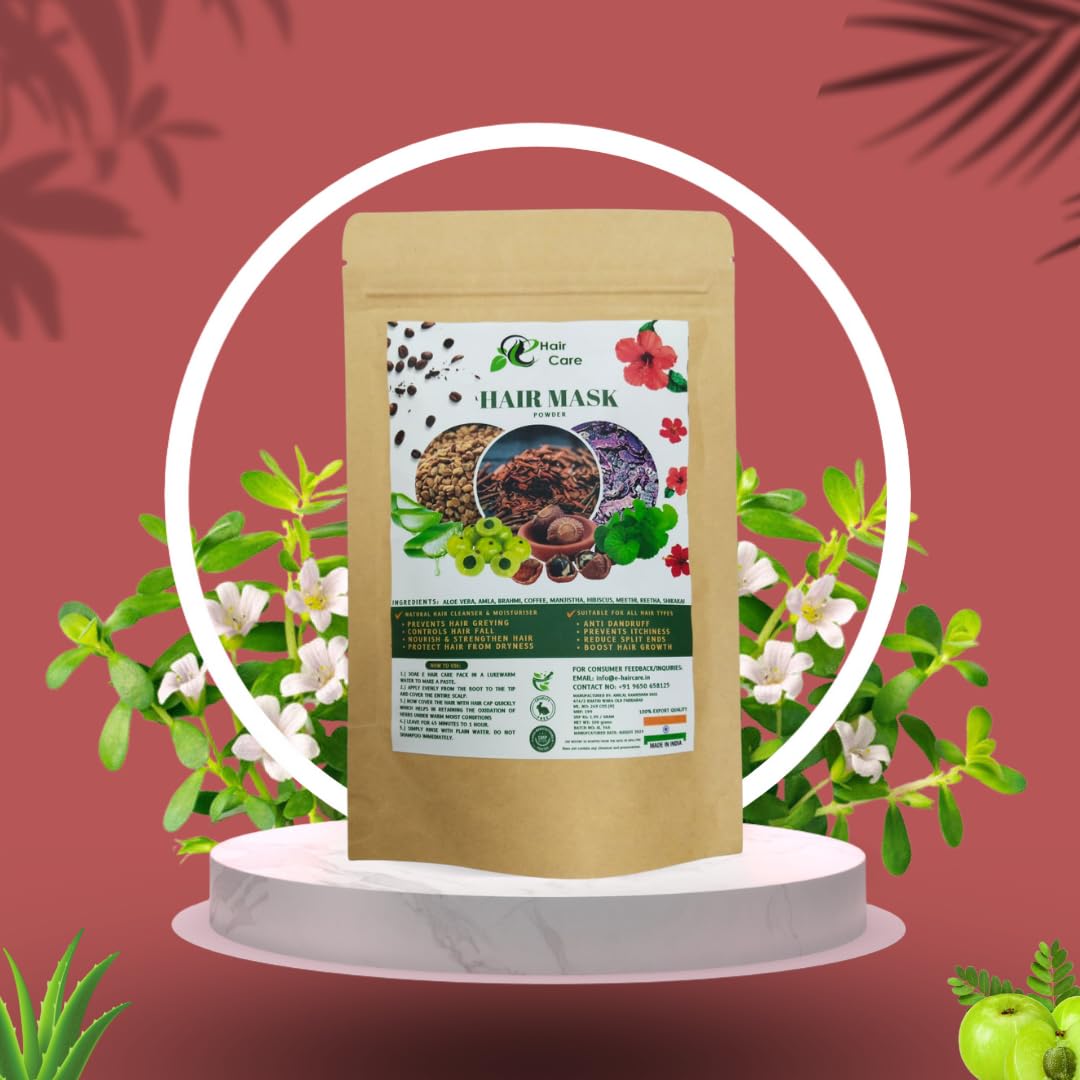 E-HAIR CARE Natural Hair Mask Powder - 100g with Aloe Vera, Amla, Brahmi & 7 Herbs for Hair Growth & Repair | Includes Gloves, Dye Brush, Shower Cap & Ear Caps | DIY Hair Treatment for Dry, Damaged Hair at Home