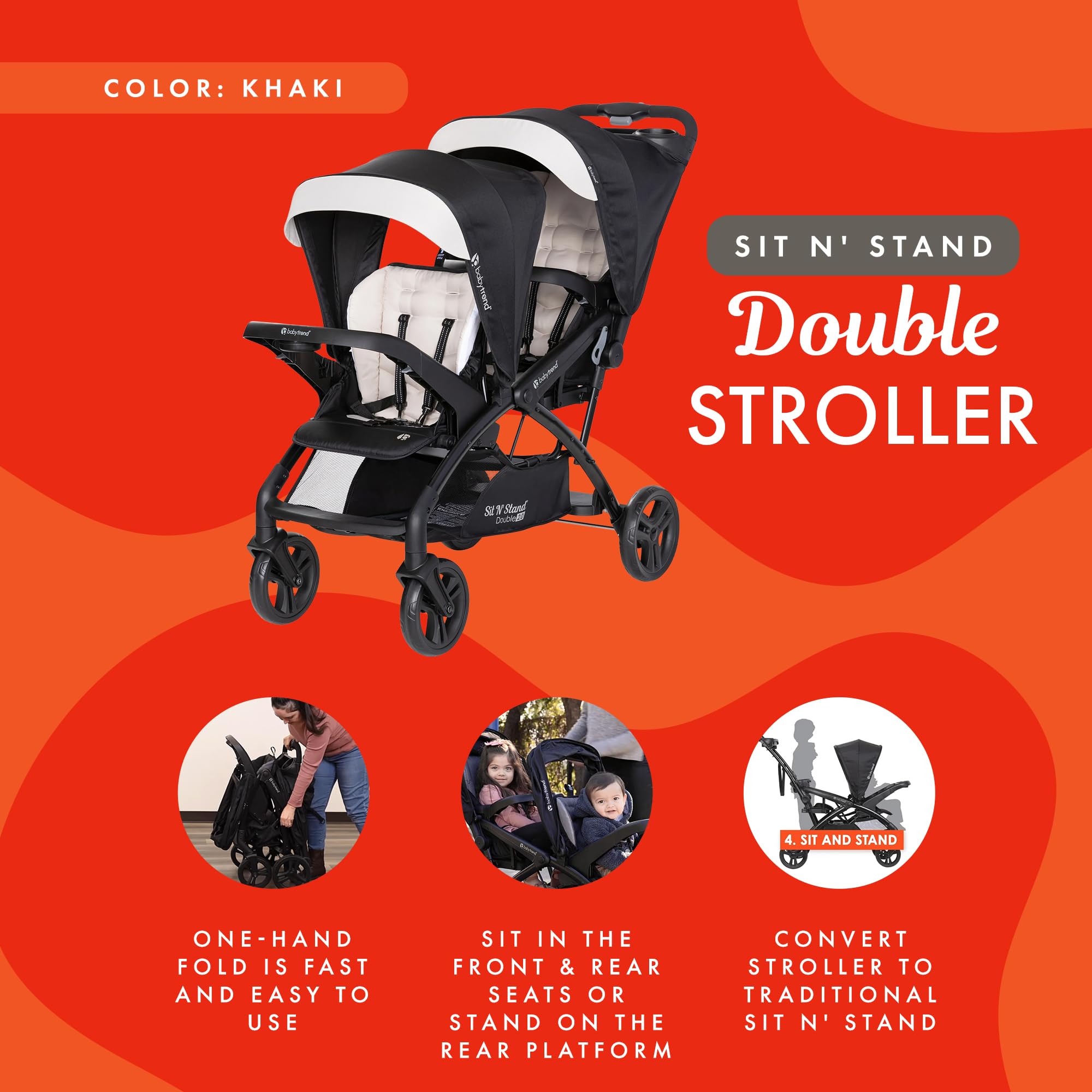 Baby Trend Sit N' Stand Tandem Double Stroller 2.0 DLX - 5-Point Safety Harness, Adjustable Canopy, Large Storage Basket & Cup Holders - Modern Khaki - Perfect for Twins, Siblings or Infant & Toddler Duo - Ideal for Shopping, Travel & Daily Walks