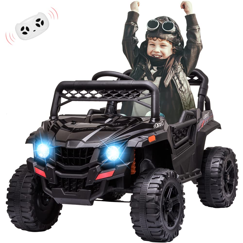 12V Kids Ride On UTV Car - Electric Powered 4-Wheel Toy Vehicle with Parental Remote Control, Spring Suspension & LED Lights - Perfect for Toddlers Outdoor Play & Backyard Adventures (Black)