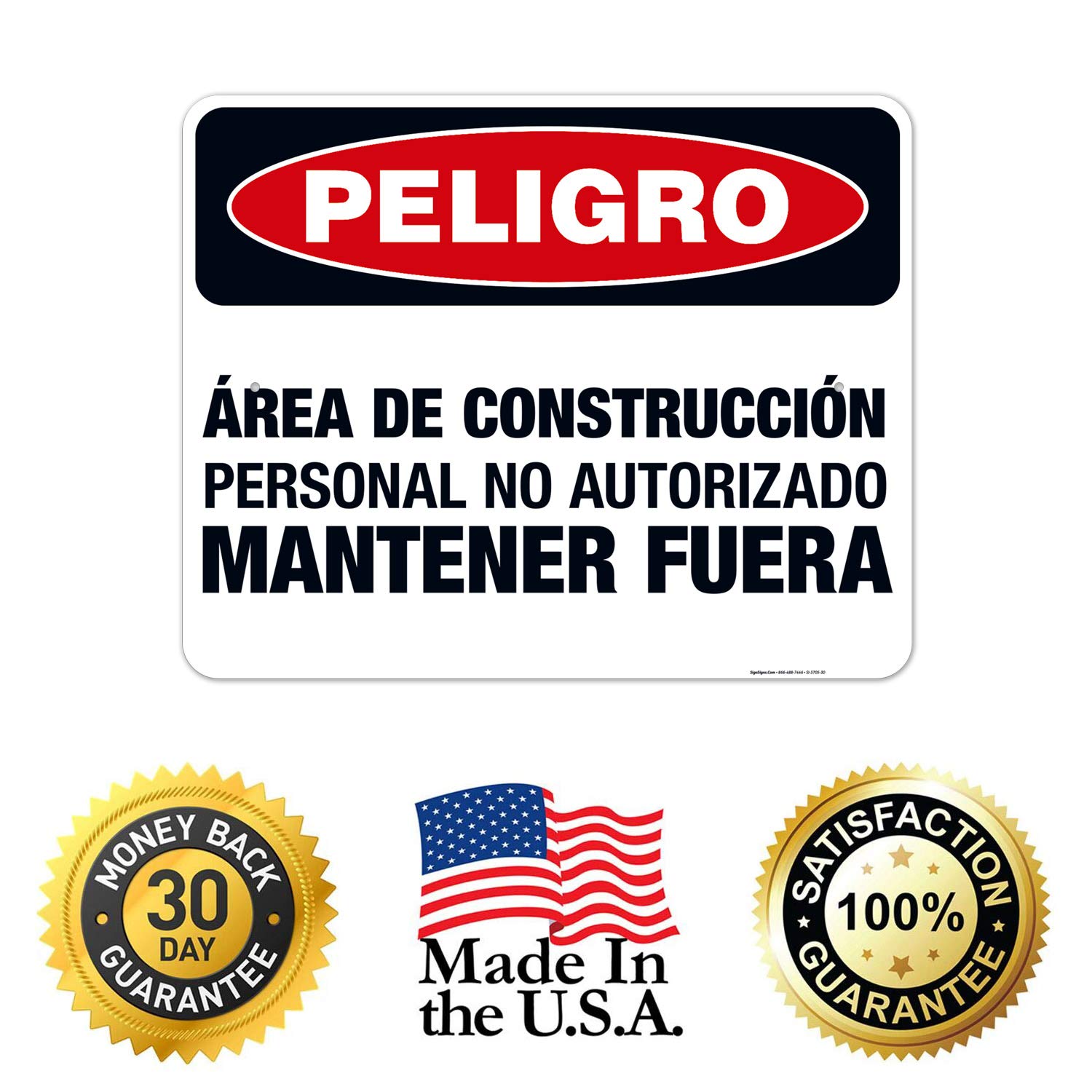 OSHA Approved Construction Danger Sign - Unauthorized Personnel Keep Out in Spanish - 24x30 Inch Rust-Free Aluminum Sign for Indoor/Outdoor Use - Durable, Fade-Resistant Safety Sign Made in USA - Perfect for Construction Sites, Warehouses & Restricted Areas