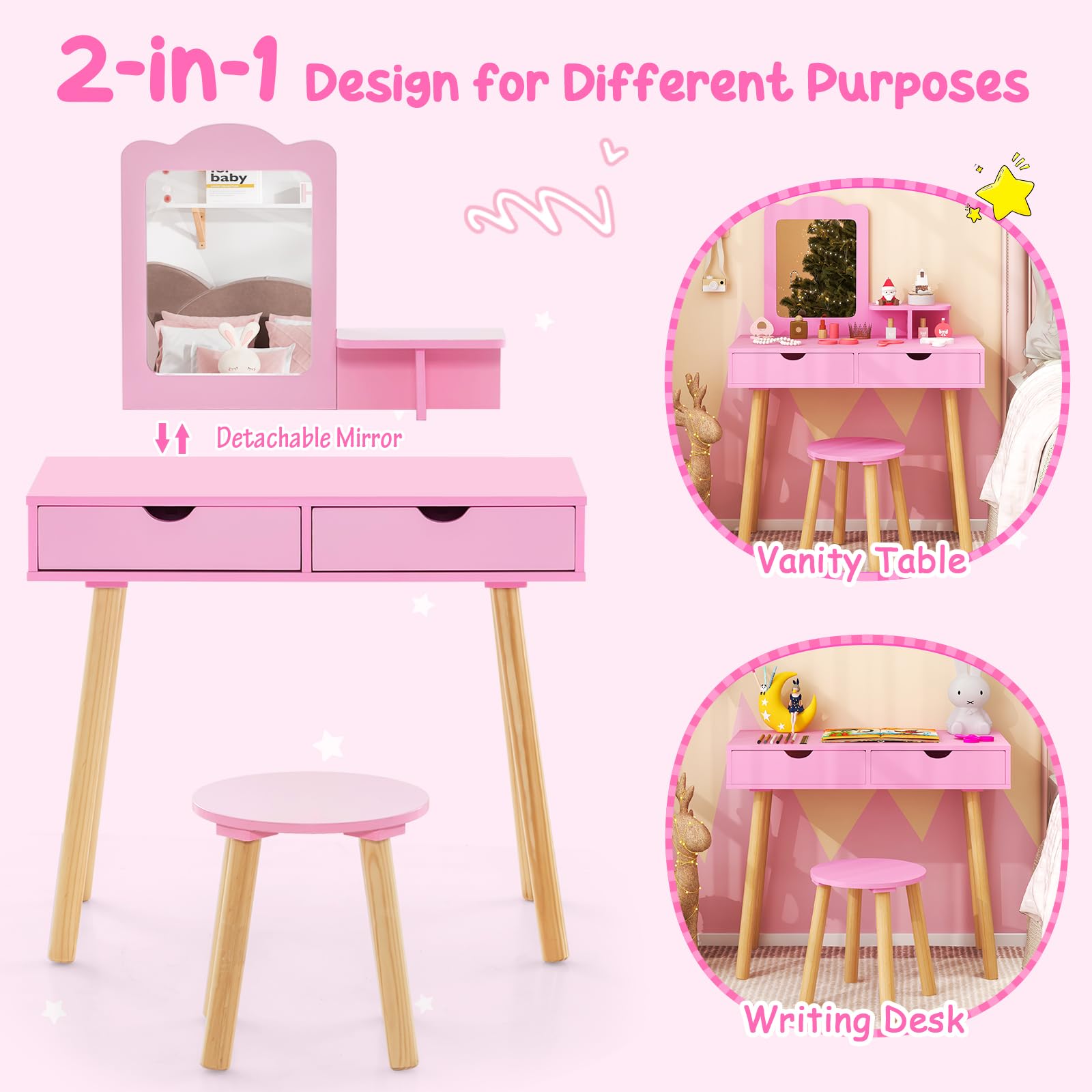 Costzon Pink Wooden Princess Vanity Set for Girls with Mirror, Stool & Storage - Kids Makeup Dressing Table with 2 Large Drawers & Shelf - Pretend Play Toy for Toddlers (Perfect for Bedroom Decor & Role Play Activities)