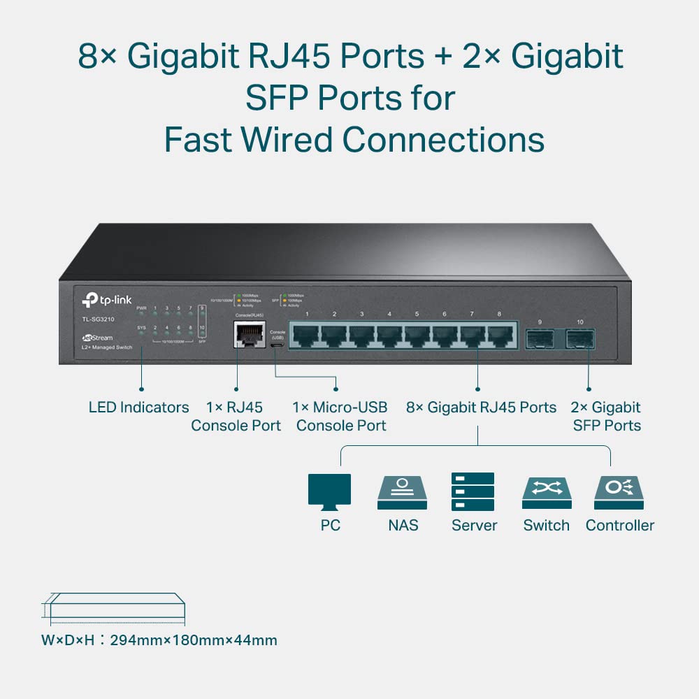 TP-Link TL-SG3210 v3 8-Port Gigabit Ethernet Switch with 2 SFP Slots | Omada SDN Integrated Smart Managed L2+ Switch | IPv6, Static Routing, QoS (L2/L3/L4), IGMP & LAG Support | 5-Year Warranty | Ideal for Home Office, Small Business Network & Data Center Connectivity