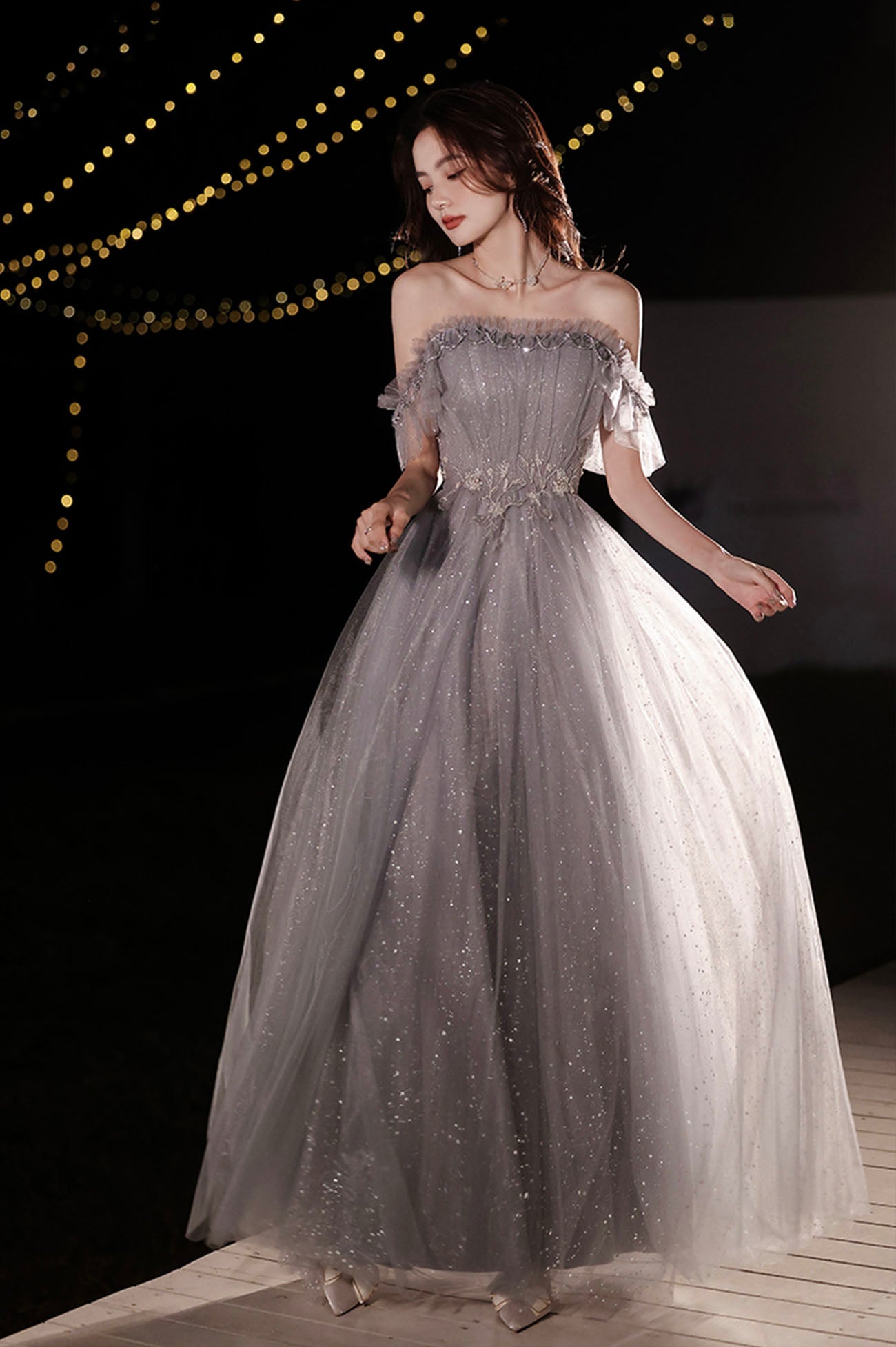 Elegant Off Shoulder A-Line Tulle Prom Dress - Shiny Gray Formal Evening Gown for Homecoming, Quinceañera & Special Occasions
