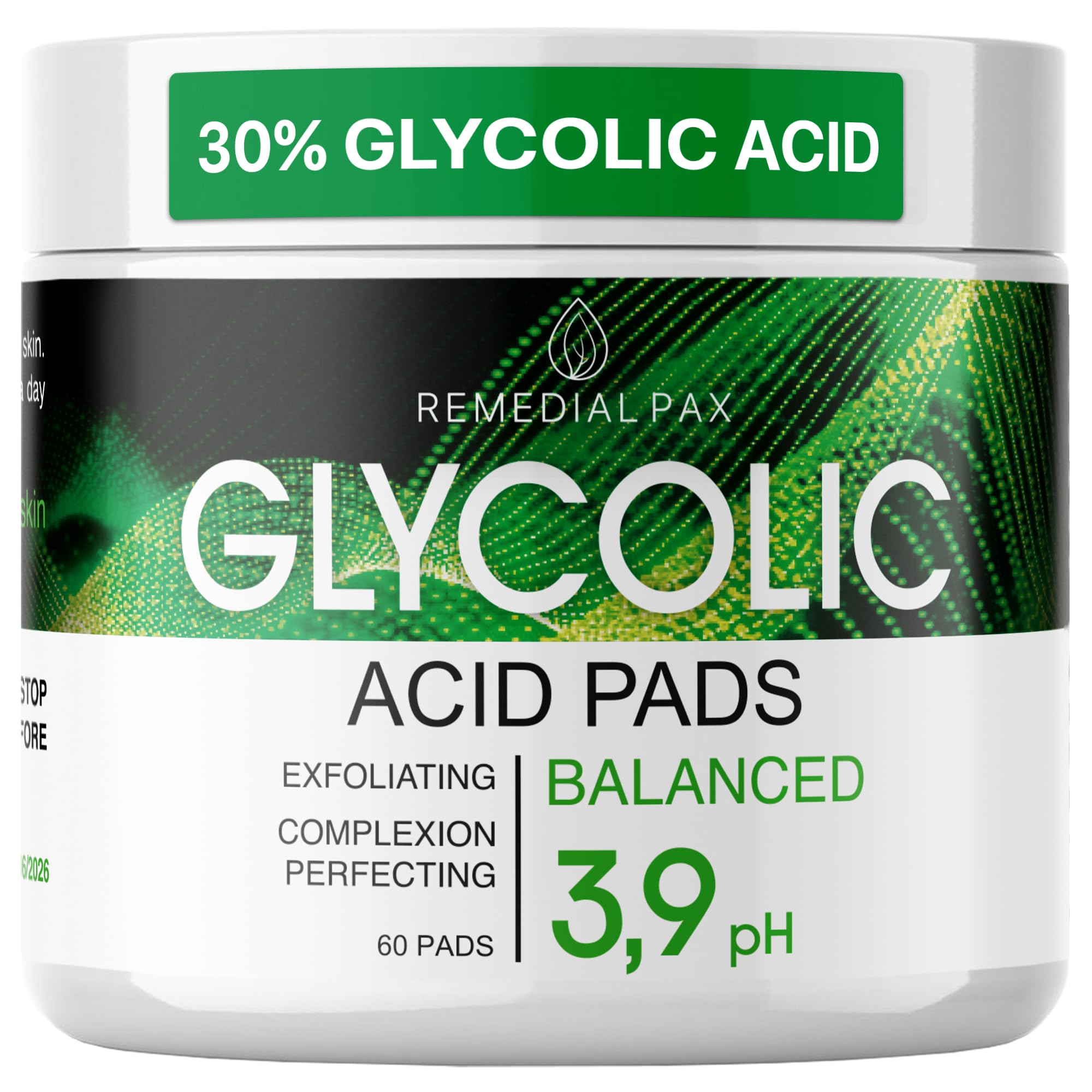 REMEDIAL PAX Glycolic Acid Resurfacing Pads 30% - Exfoliating Facial & Body Peel with Vitamins B5, C, E & Green Tea - 60 Pre-Moistened Cotton Pads for Deep Cleansing, Skin Renewal - Perfect for Acne Treatment, Dark Spot Removal & Anti-Aging Routine