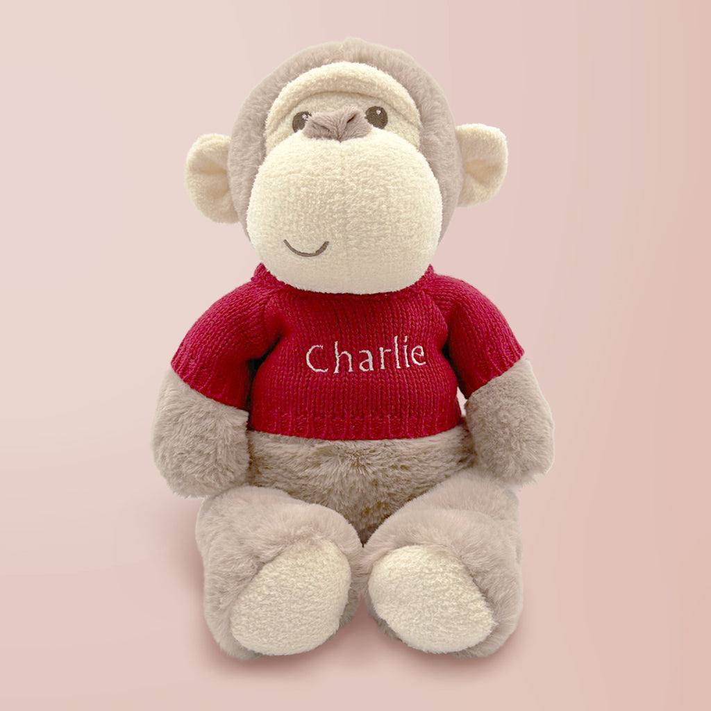 Personalized Morris Monkey Plush Toy with Baby Pajamas - Red | Cute Stuffed Animal Gift for Newborns, Baby Showers & Nursery Decor