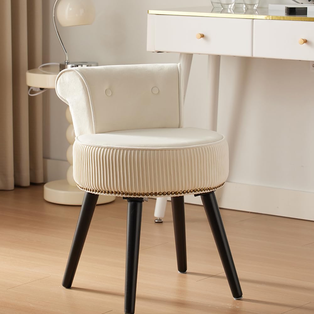 White Velvet Vanity Stool with Back - Tufted Makeup Chair for Women, Small Accent Chair for Dressing Table, Perfect for Bedroom Vanity, Boudoir & Beauty Salon
