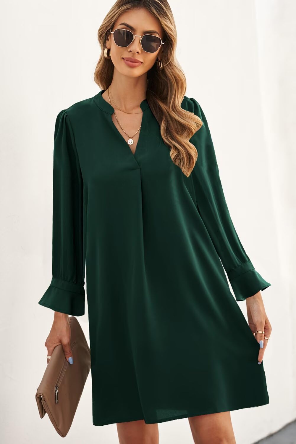 QACOHU Women's Flowy V-Neck Ruffle Long Sleeve Dress - Casual Loose Shift Dress for Spring Summer & Autumn Winter 2025 | Perfect for Office, Date Night & Special Occasions