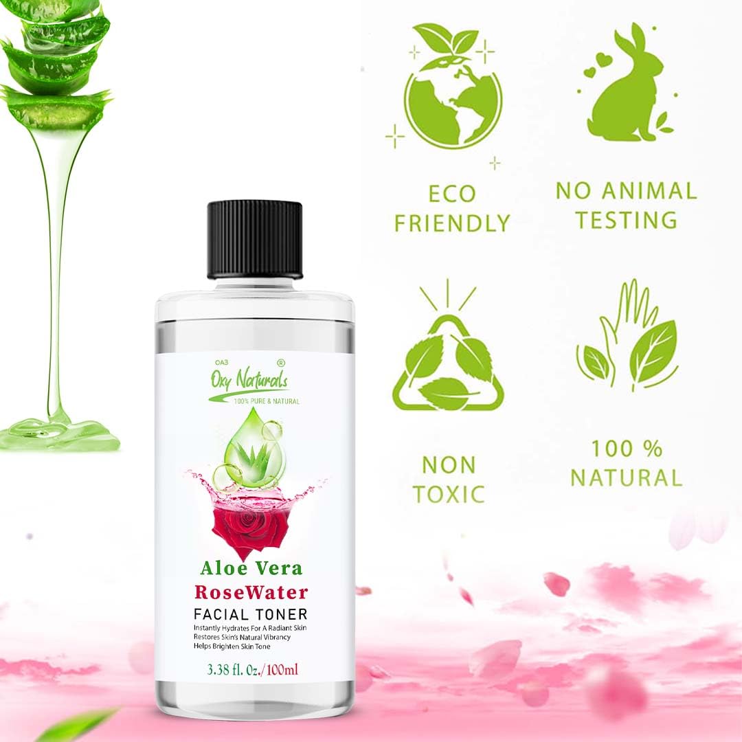 Organic Aloe Vera Gel & Rose Water Facial Toner 100ml - Hydrating, Cooling Face Mist with Natural Ingredients for Glowing Skin | Soothing Spray for Dry Skin, Sunburn Relief & Hair Care | Perfect for Daily Skincare, Travel & After-Sun Care