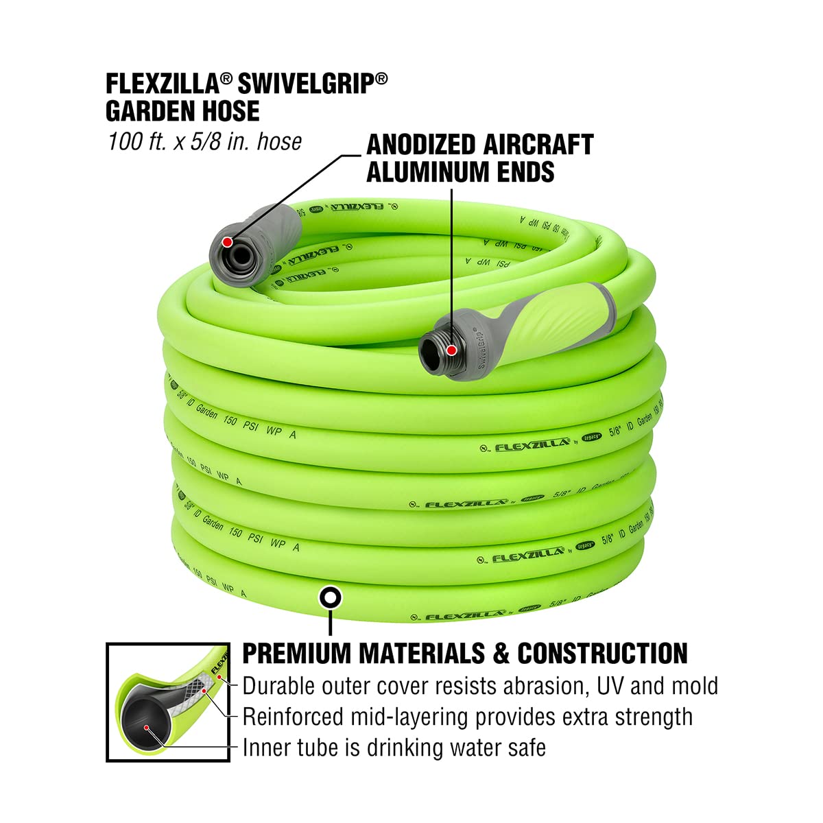 Flexzilla 5/8 in. x 100 ft. Heavy Duty Lightweight Garden Hose with SwivelGrip - Drinking Water Safe, Kink-Free, ZillaGreen (HFZG5100YWS-E) - Perfect for Lawn Care, Gardening, Car Washing & Outdoor Watering